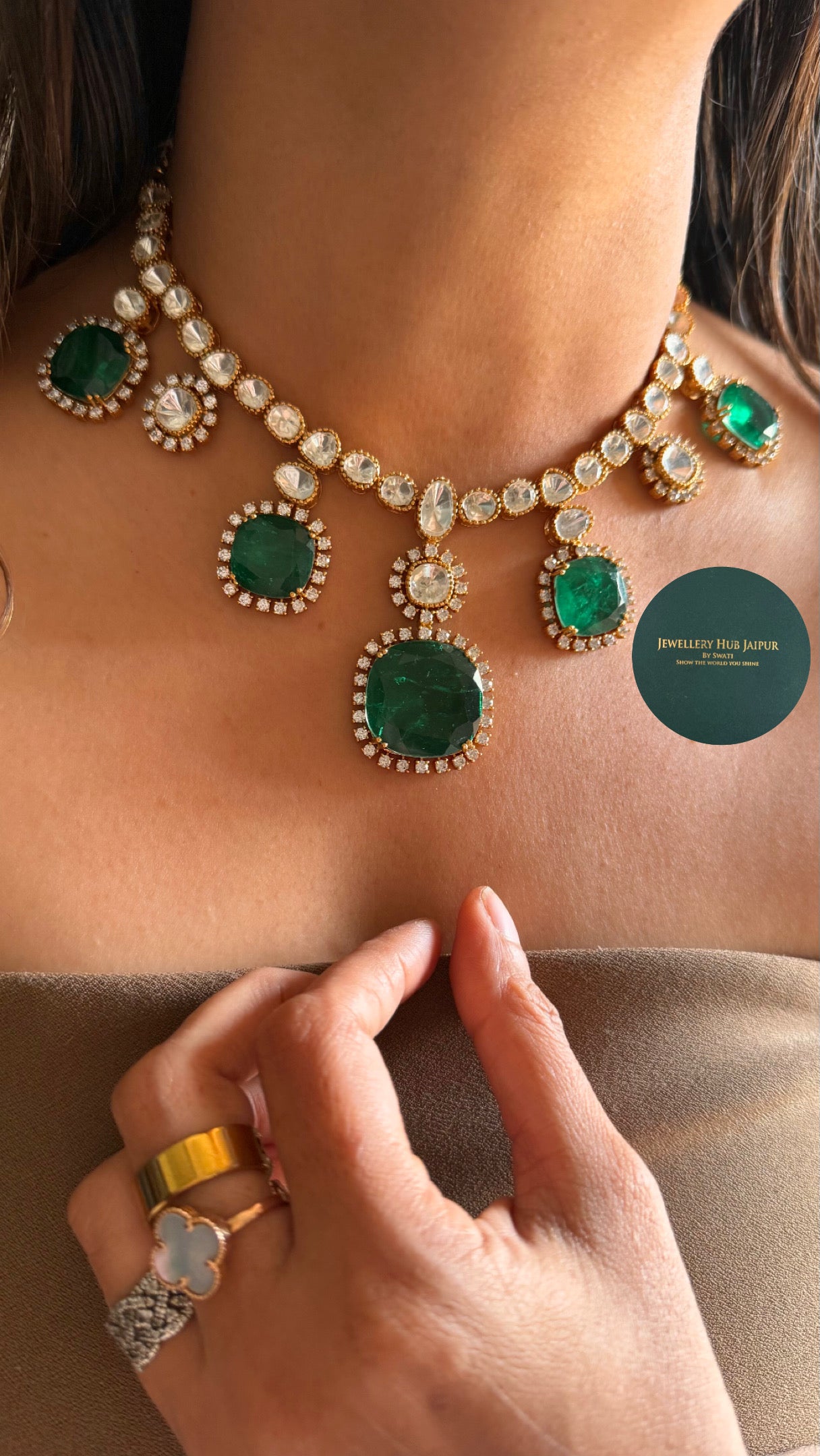 Emerald doublet moissanite collar necklace