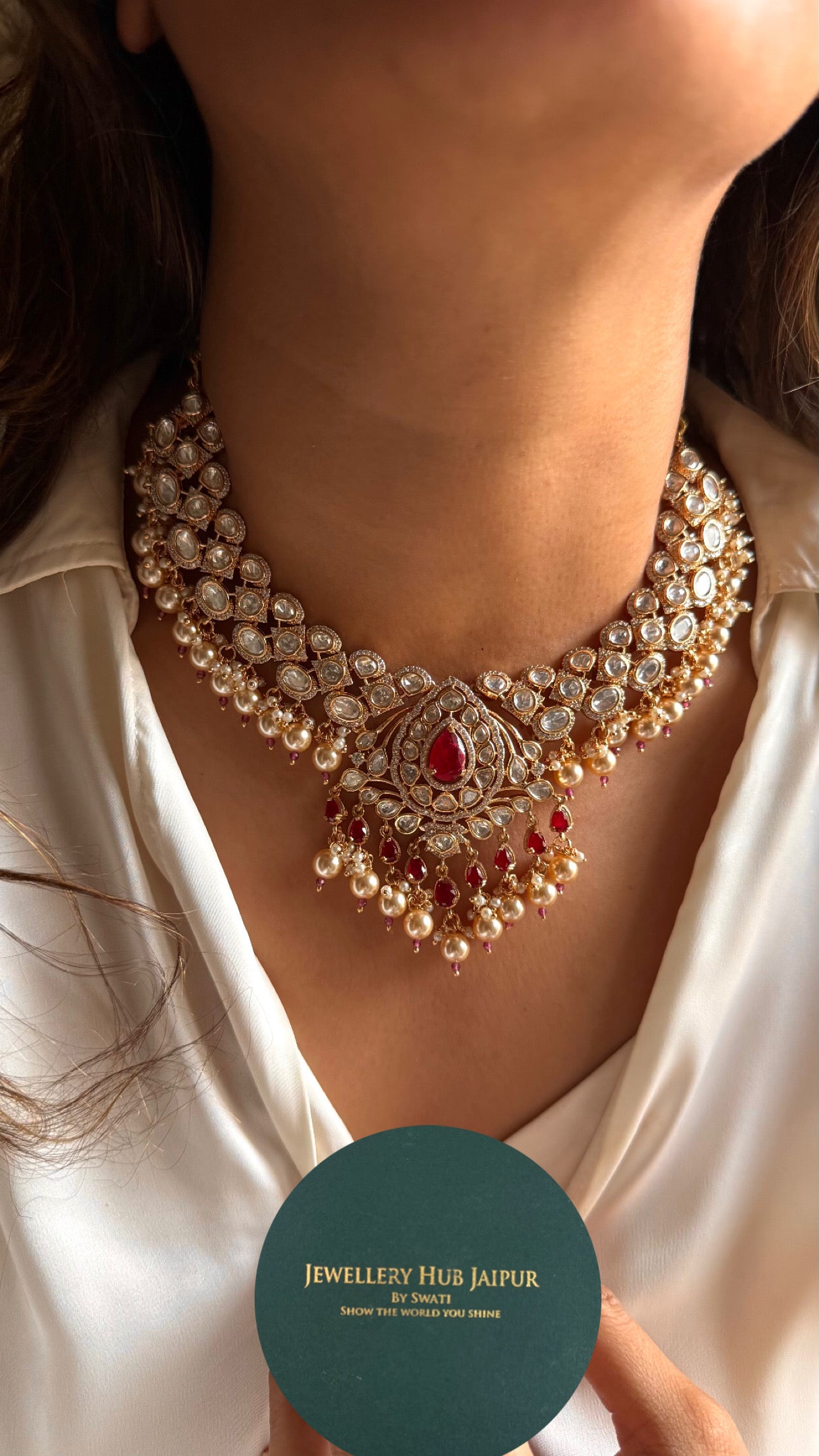 Ruby doublets & moissanite polki necklace with maangtika