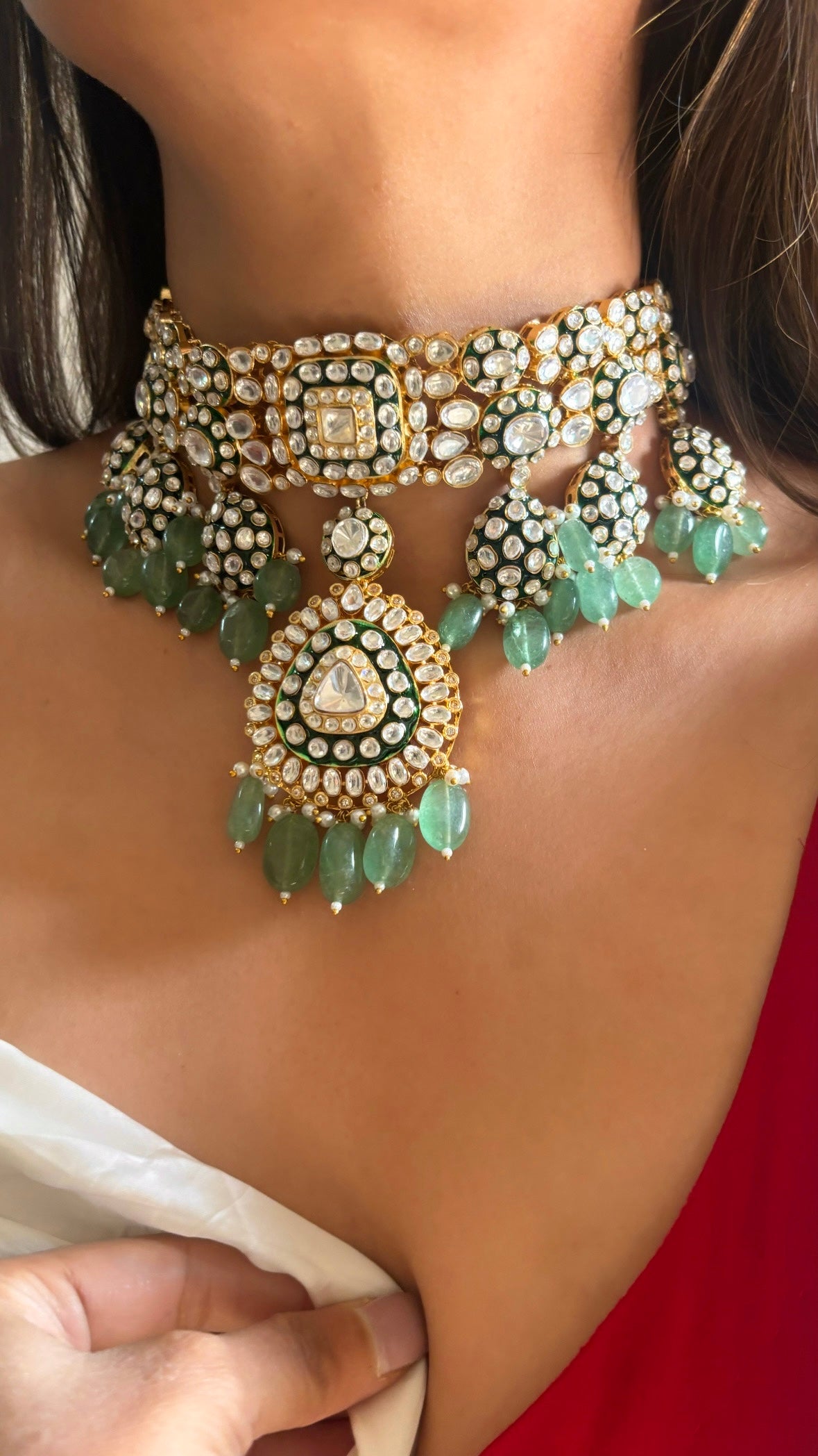 Meenakari emerald and mint polki choker necklace set