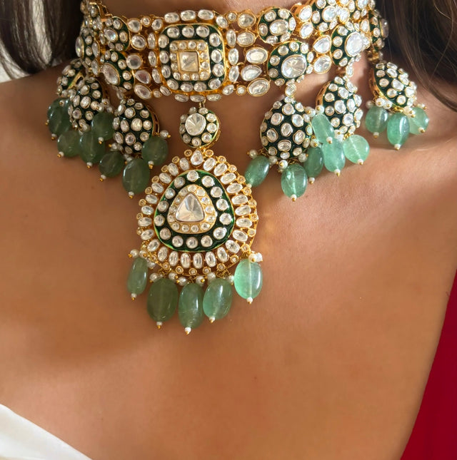 Meenakari emerald and mint polki choker necklace set