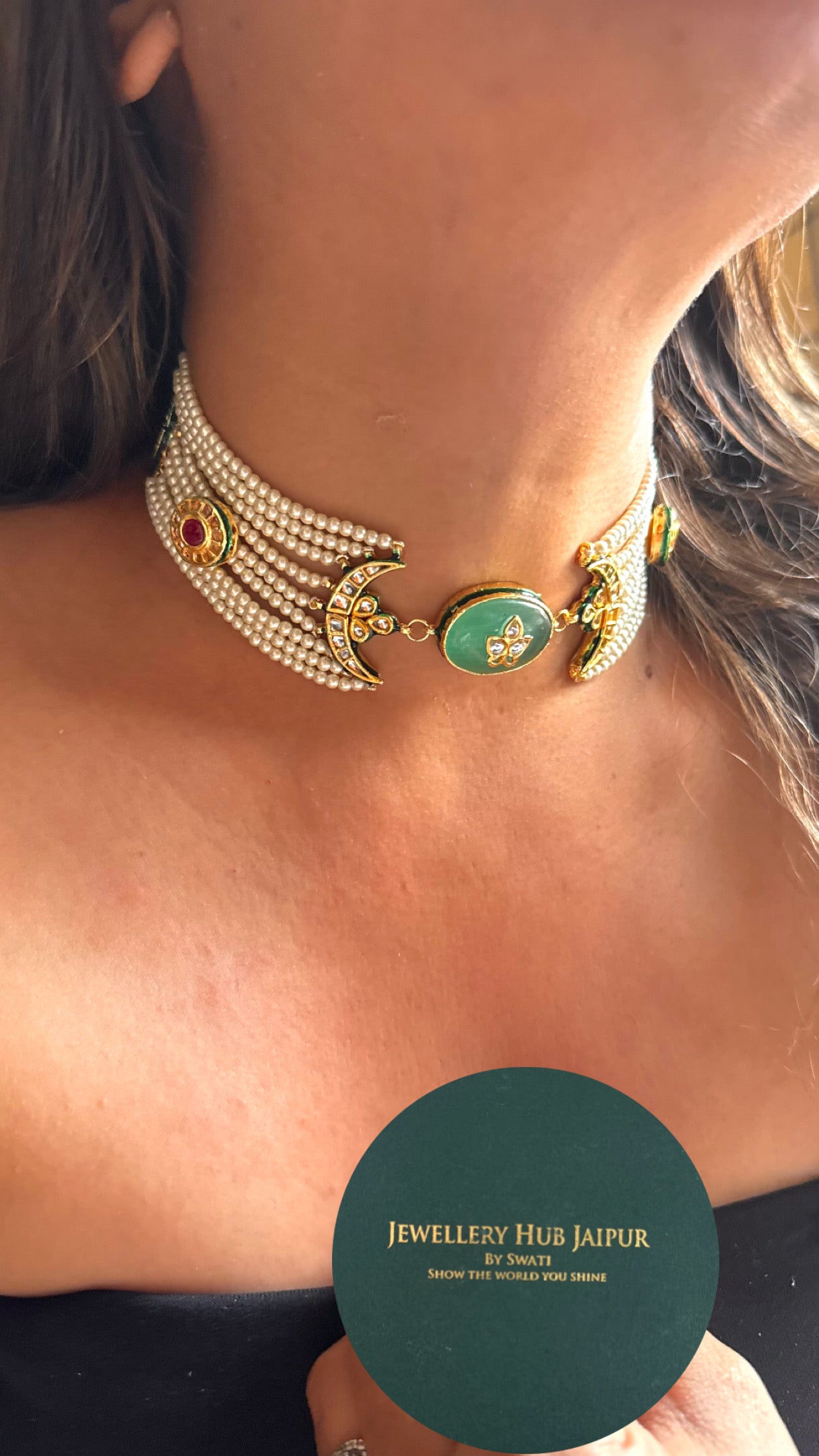 Mint inlay half moon shape meenakari thread choker Necklace