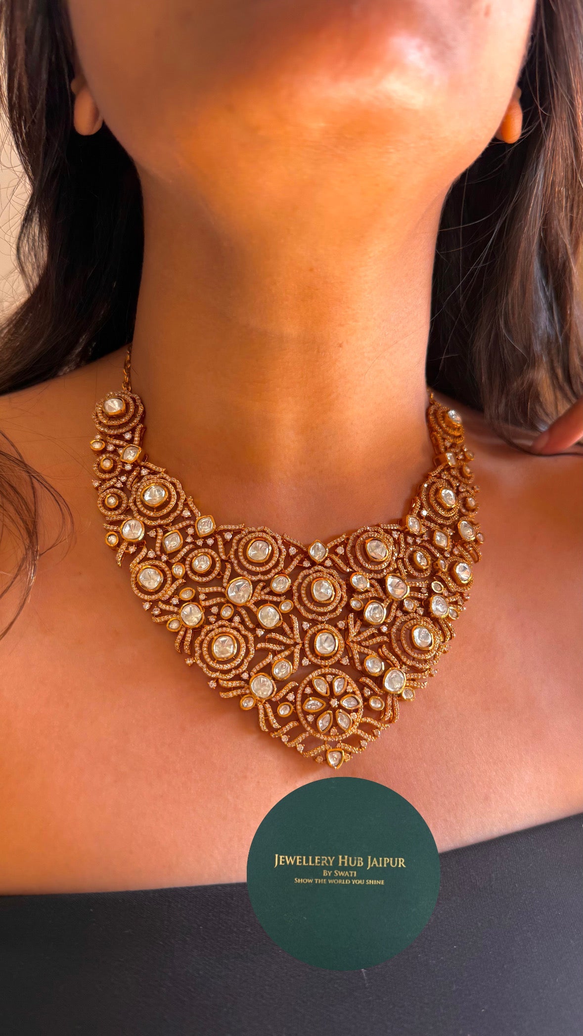 Emerald with pearl detailing real Moissanite polki combo Necklace
