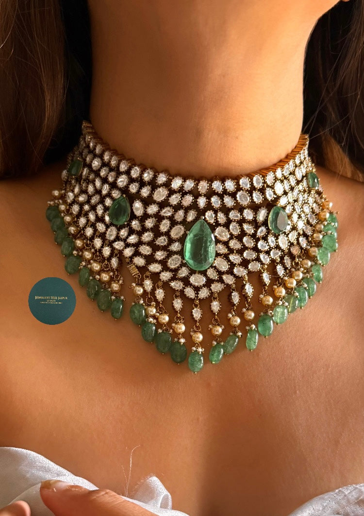 Sage green doublet moissanite polki Victorian choker set