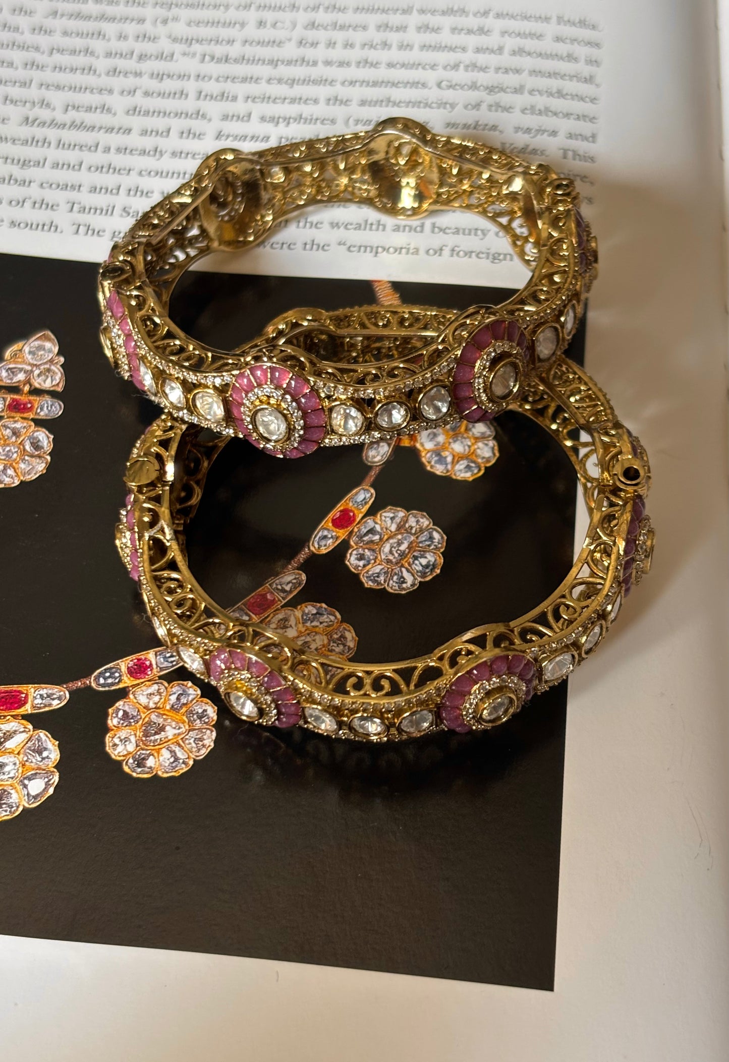 Rose quartz katdana with moissanite polki openable bangles