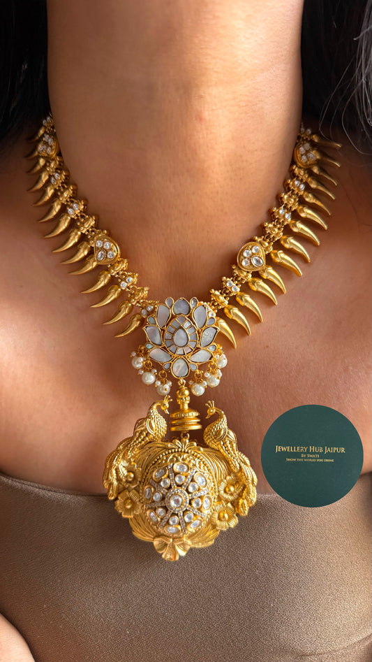 Peacock inspired designer gold polish contemporary necklace