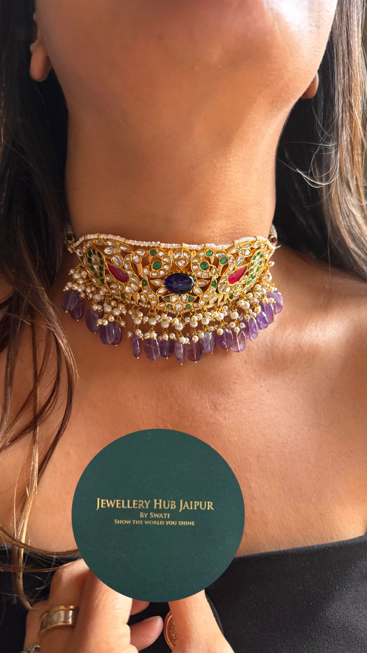 Heritage handmade paachi mixed polki necklace