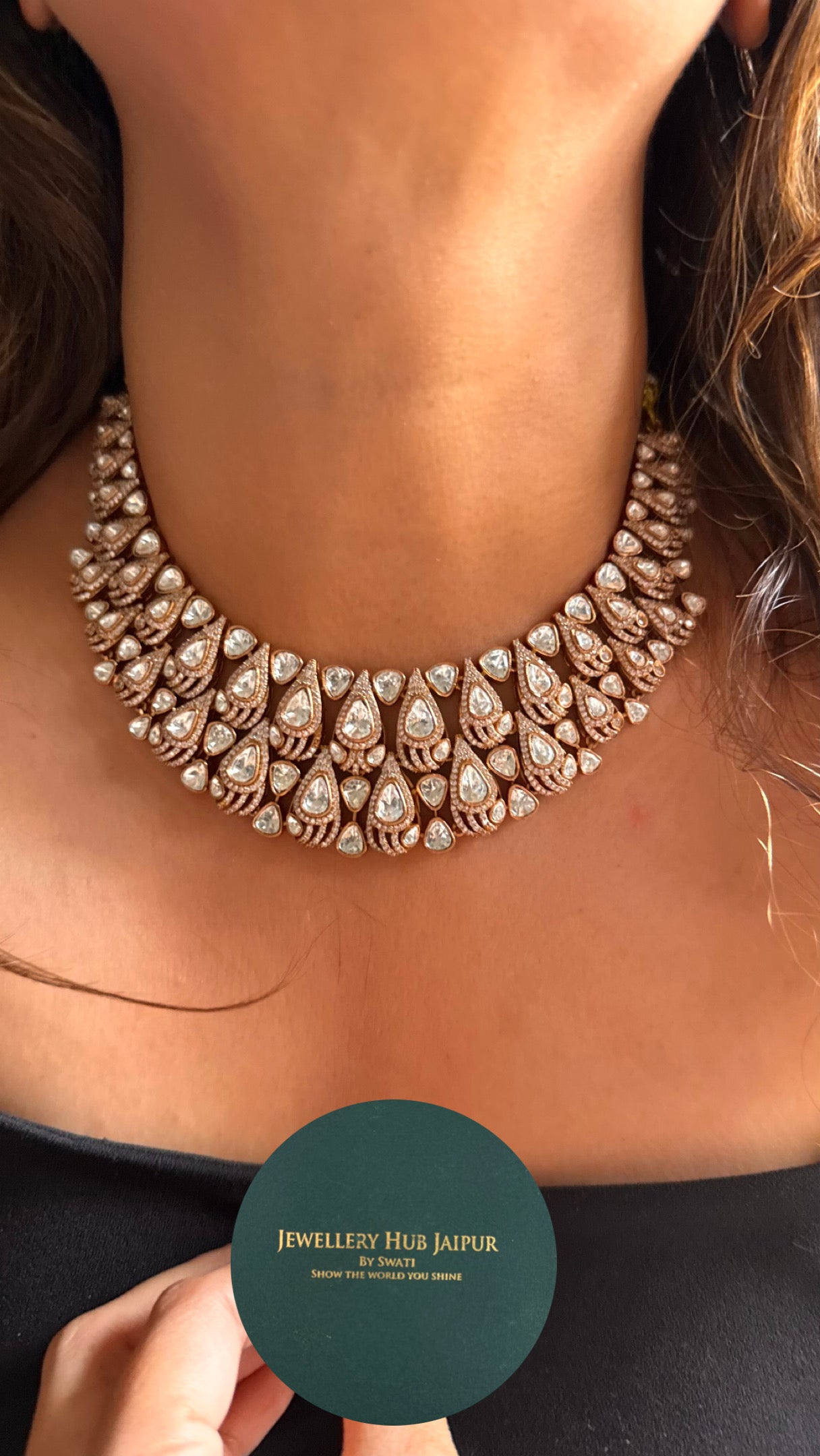 Drop shape polki necklace with earcuff