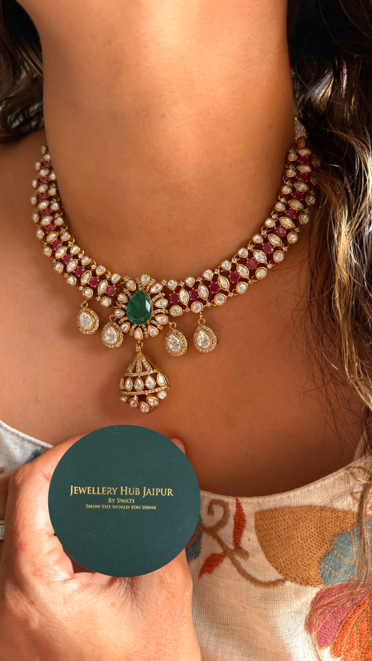 Emerald & rani pink doublets real Moissanite collar necklace