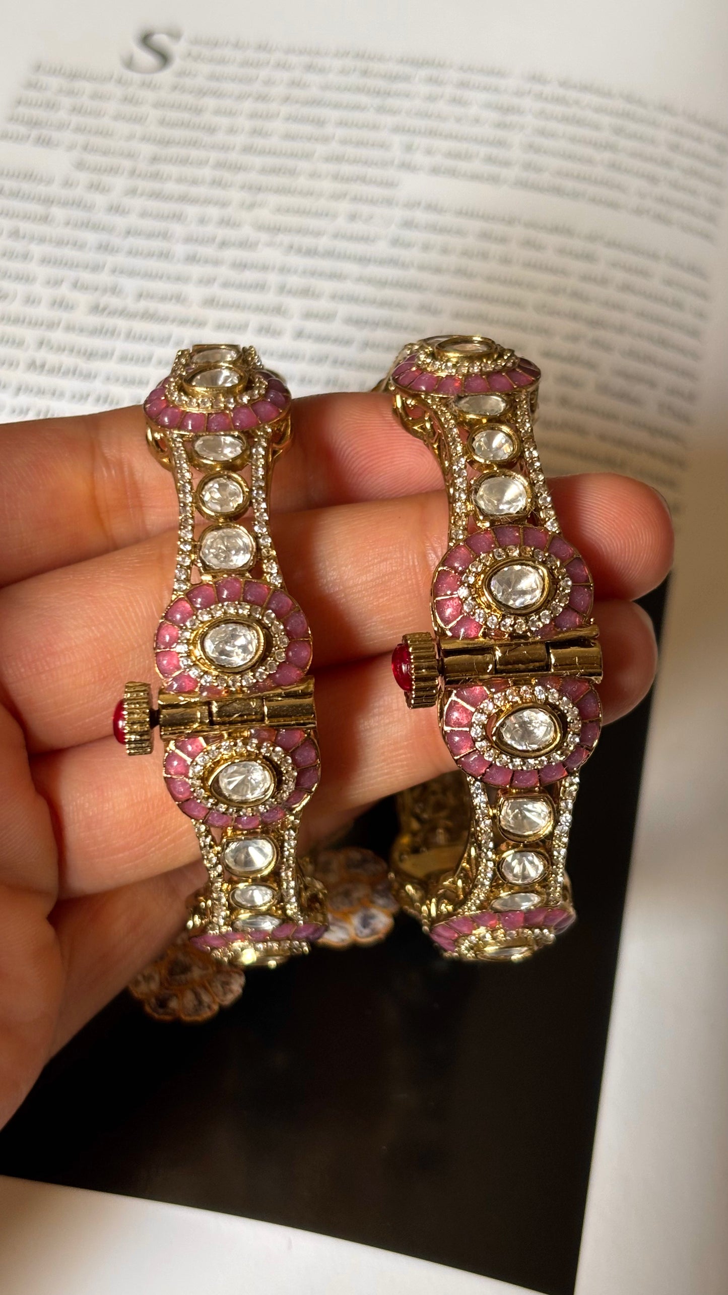 Rose quartz katdana with moissanite polki openable bangles