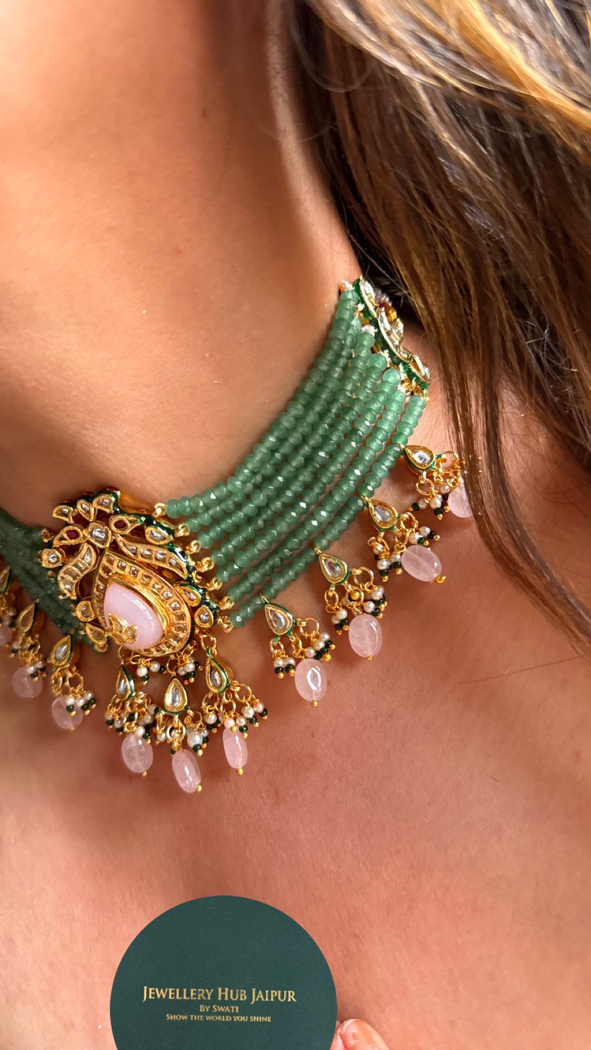 Rose quartz inlay with emerald pearl detailing meenakari choker Necklace