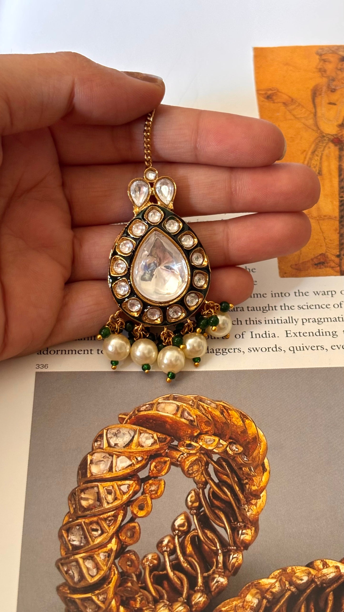 Emerald meenakari with drops maangtika