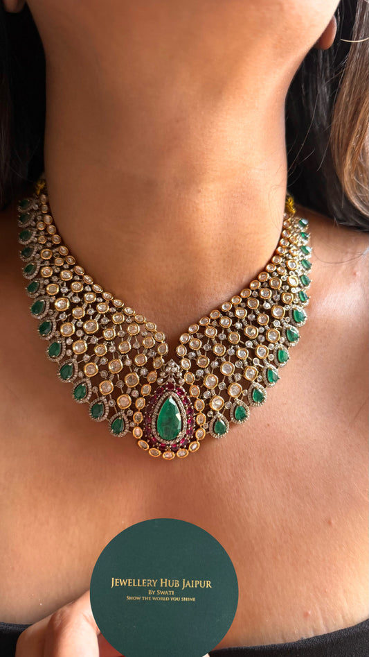 Tear shaped emerald doublet with rani pink takkar Necklace