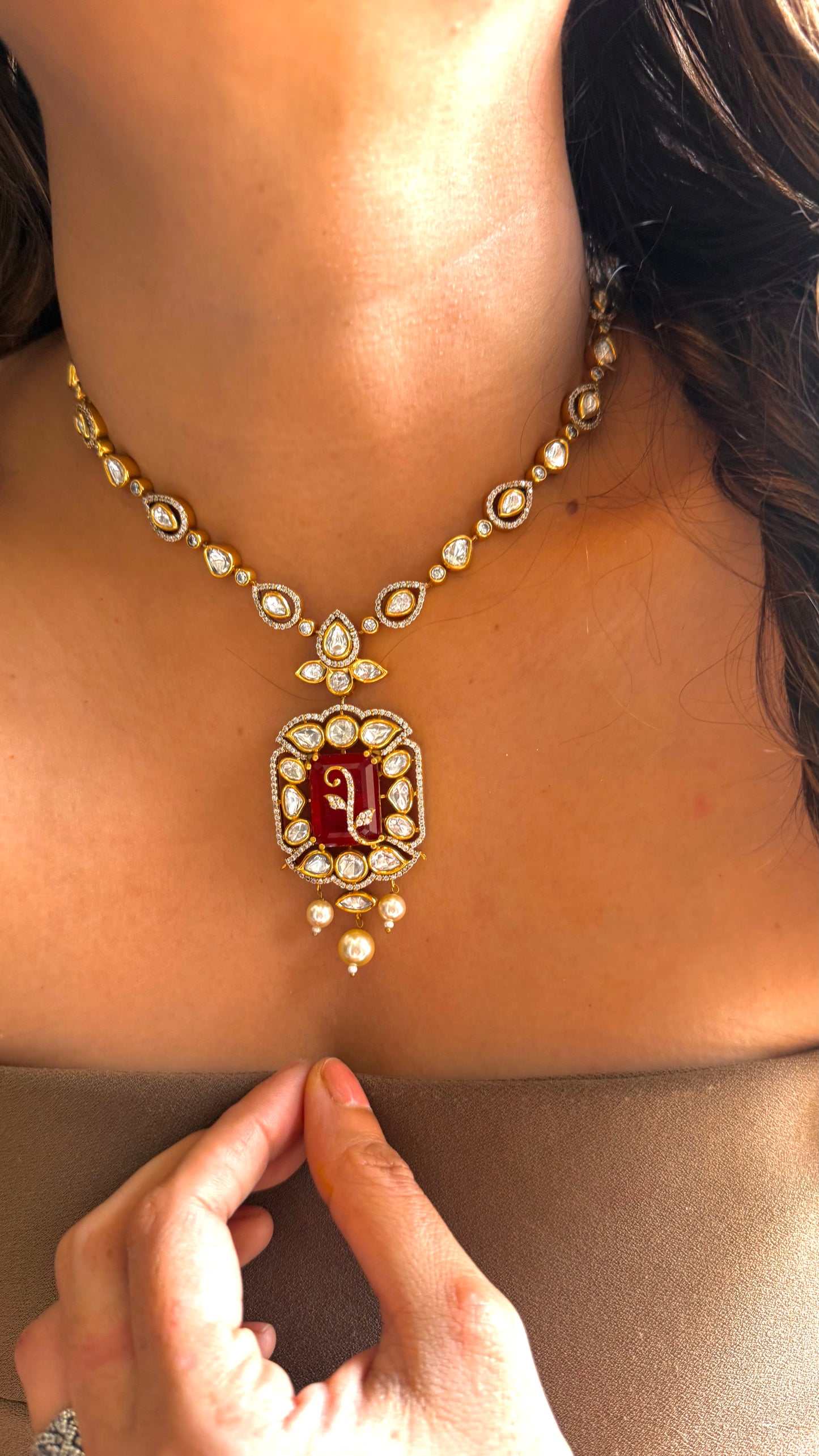 Ruby dual polish Necklace with designer pendant