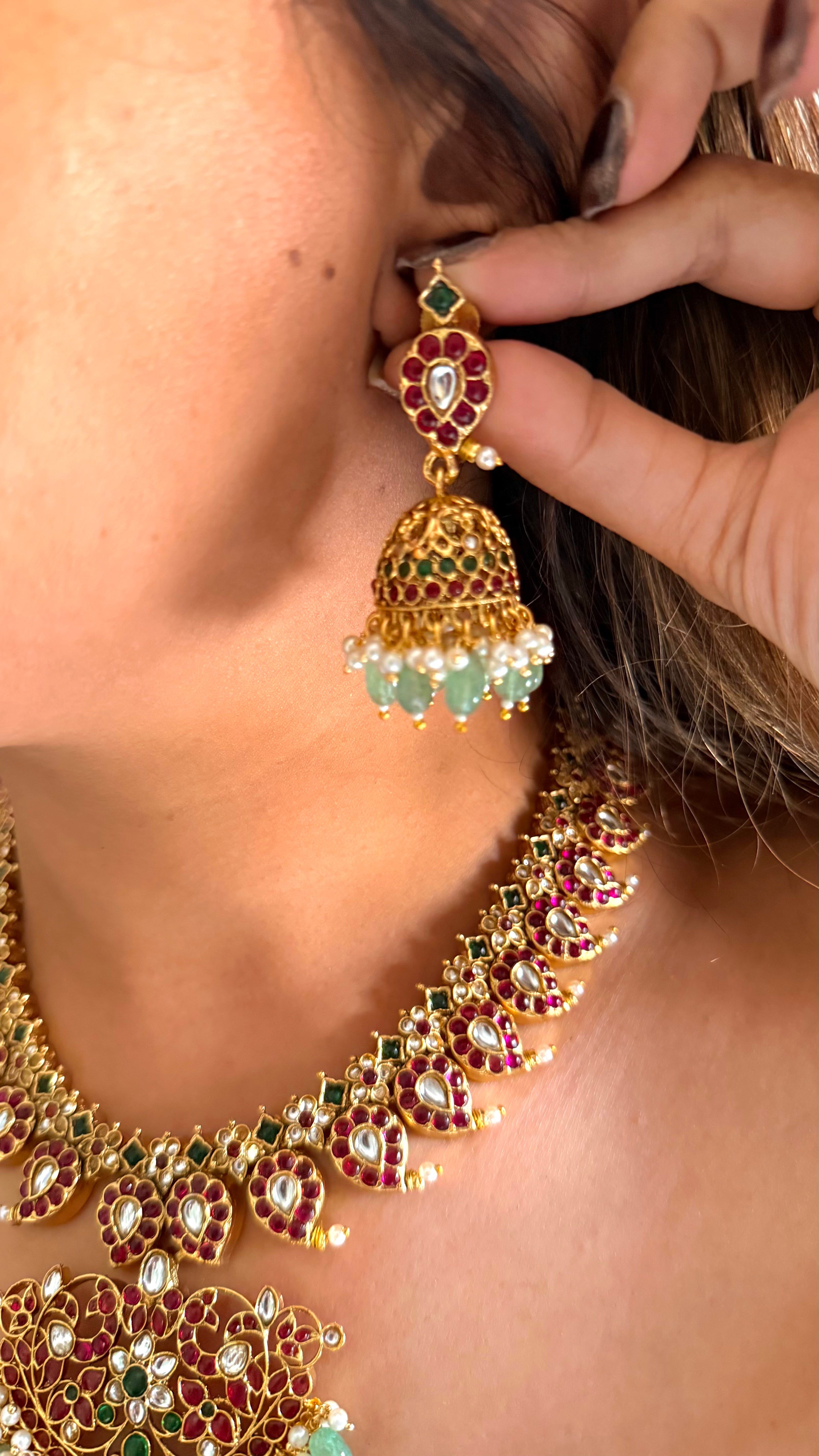 Rani pink & mint keri design temple jewellery set