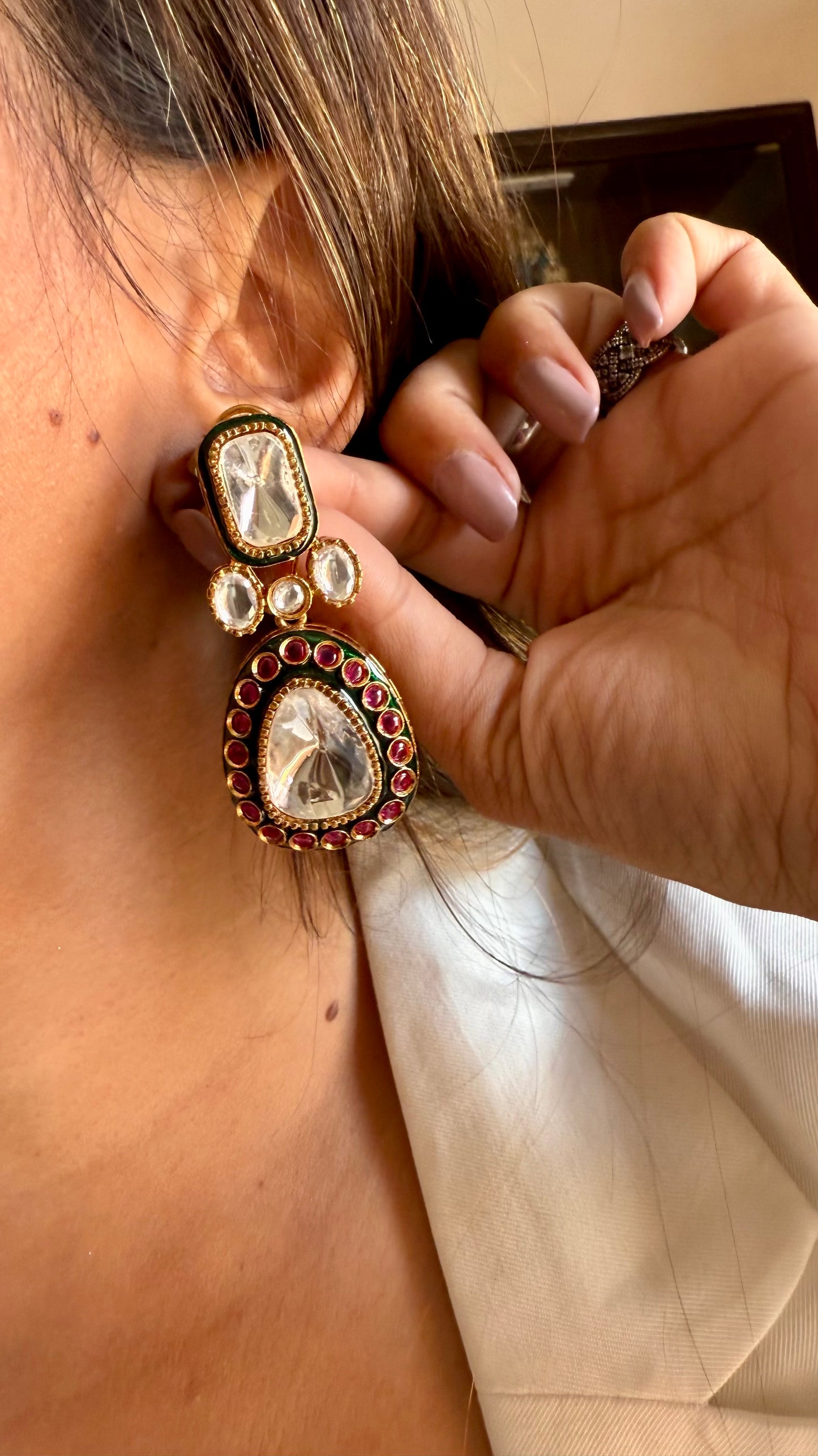 Emerald ruby meeenakari uncut polki earring