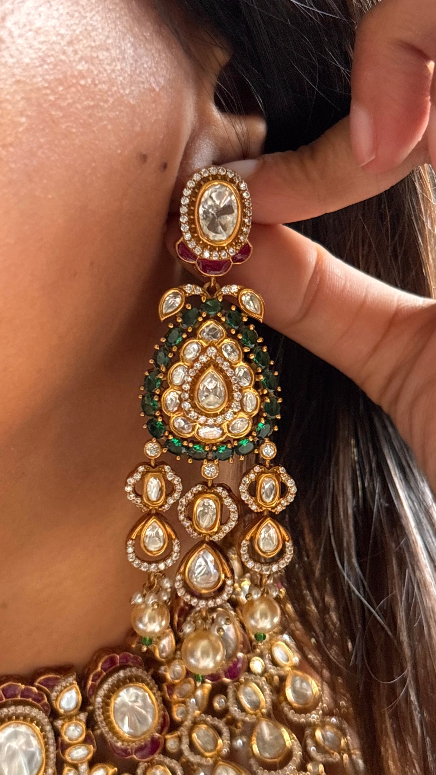 Bridal Asia Rani pink with emerald pearl drops choker Necklace