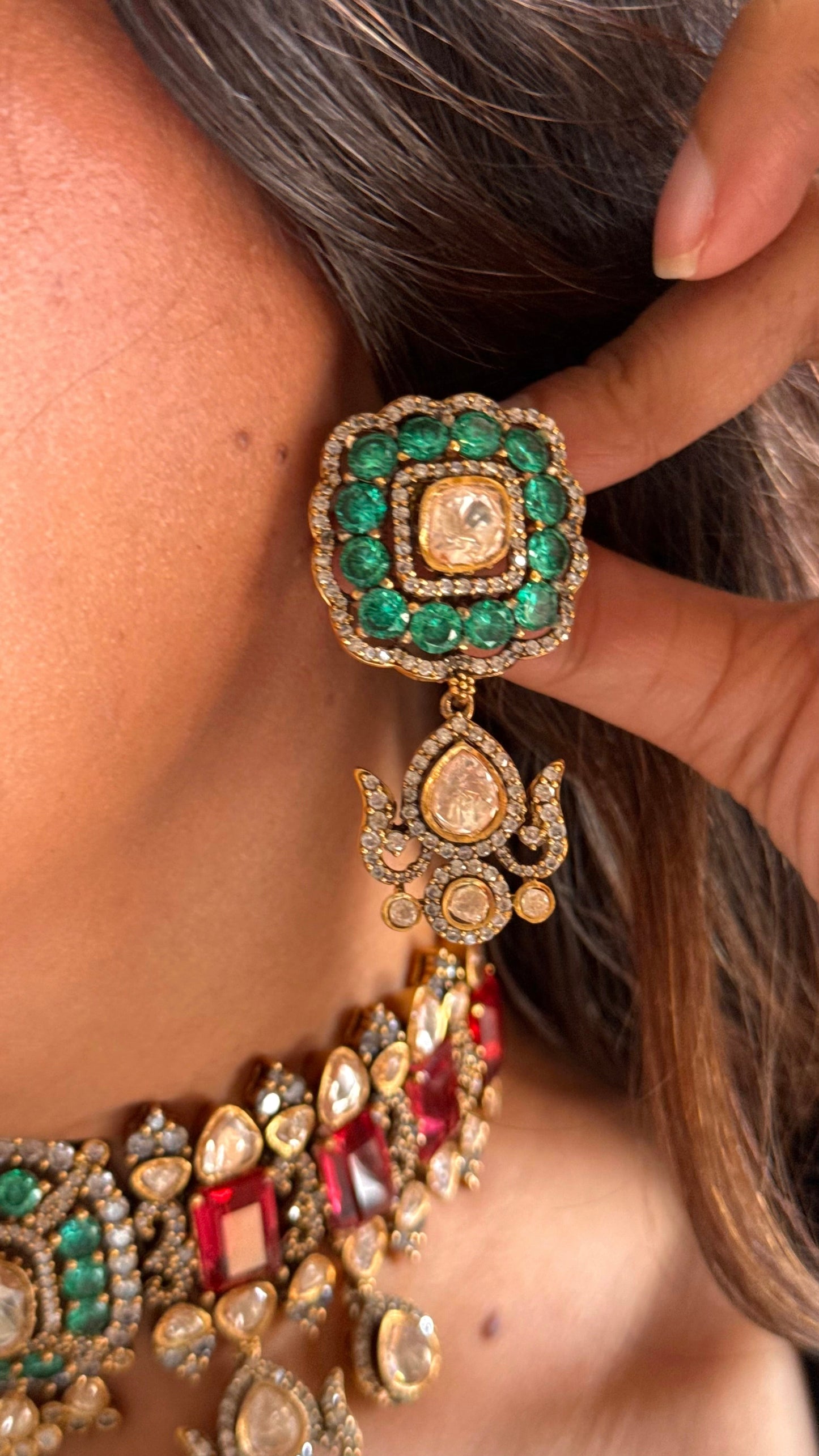 Rani pink ruby & emerald doublets uncut peeli polki combo necklace