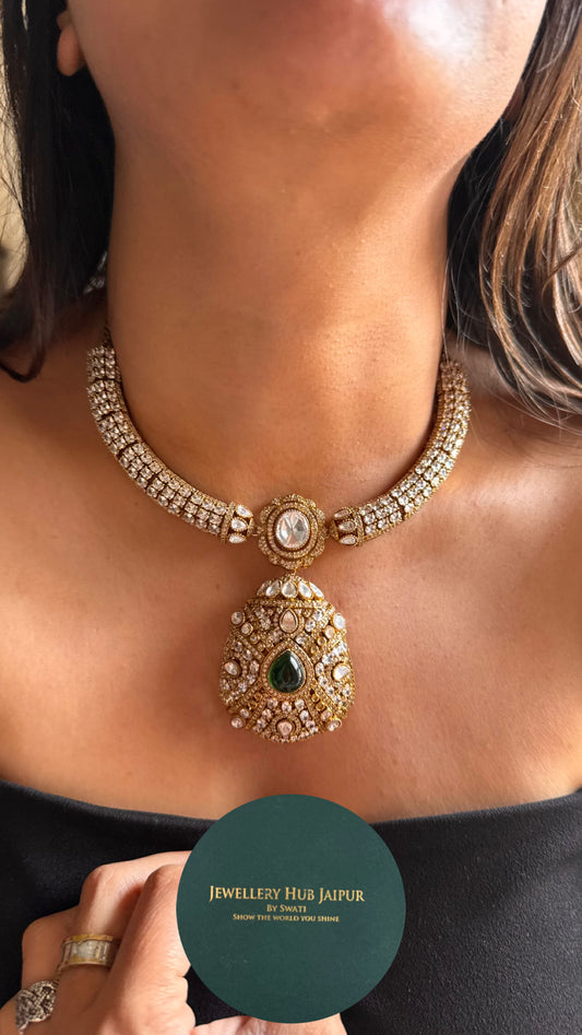 Designer emerald with cz diamond collar Necklace