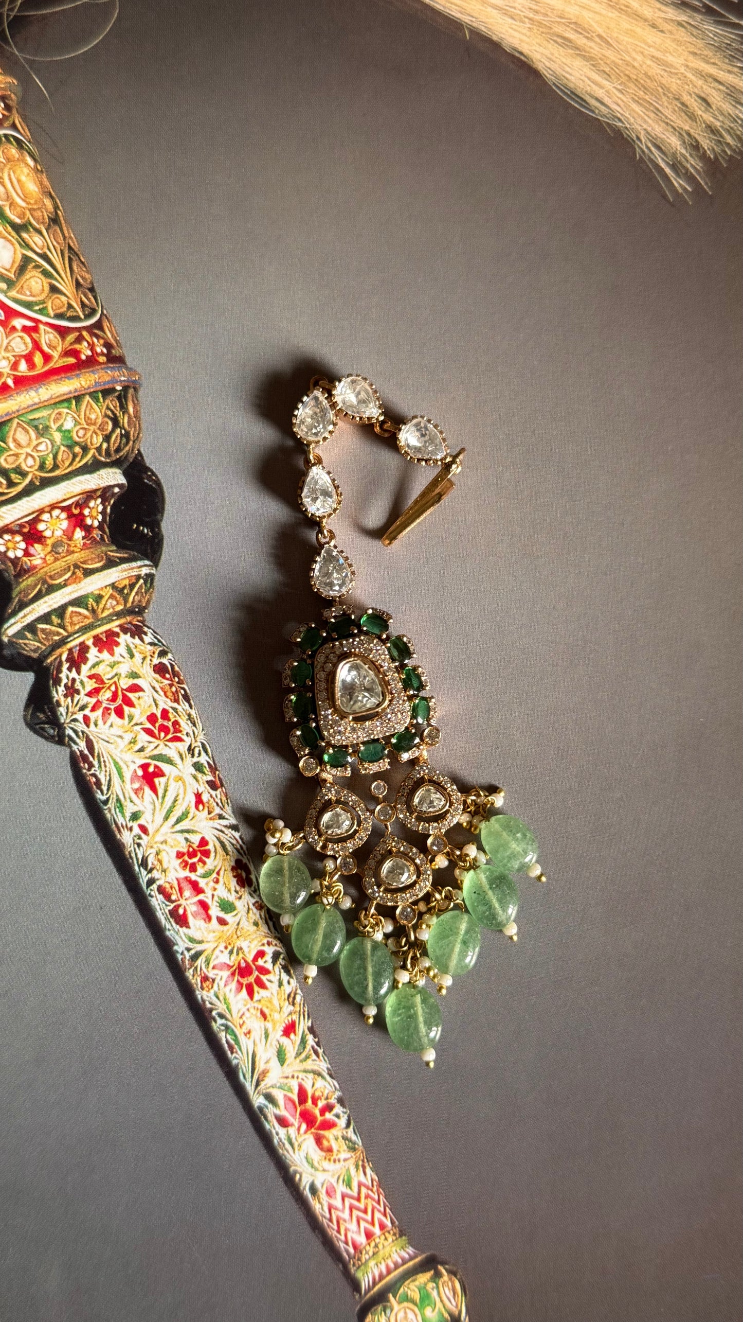 Emerald moissanite maang tika