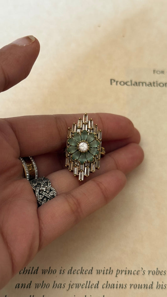 Mint floral designer cocktail adjustable ring