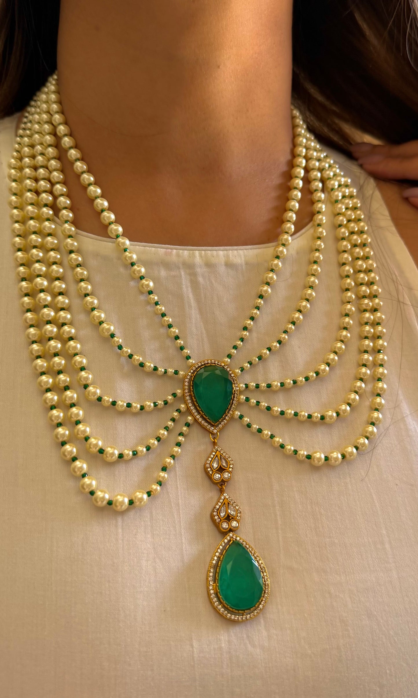 Iqra Emerald moissanite designer mid length pearl necklace