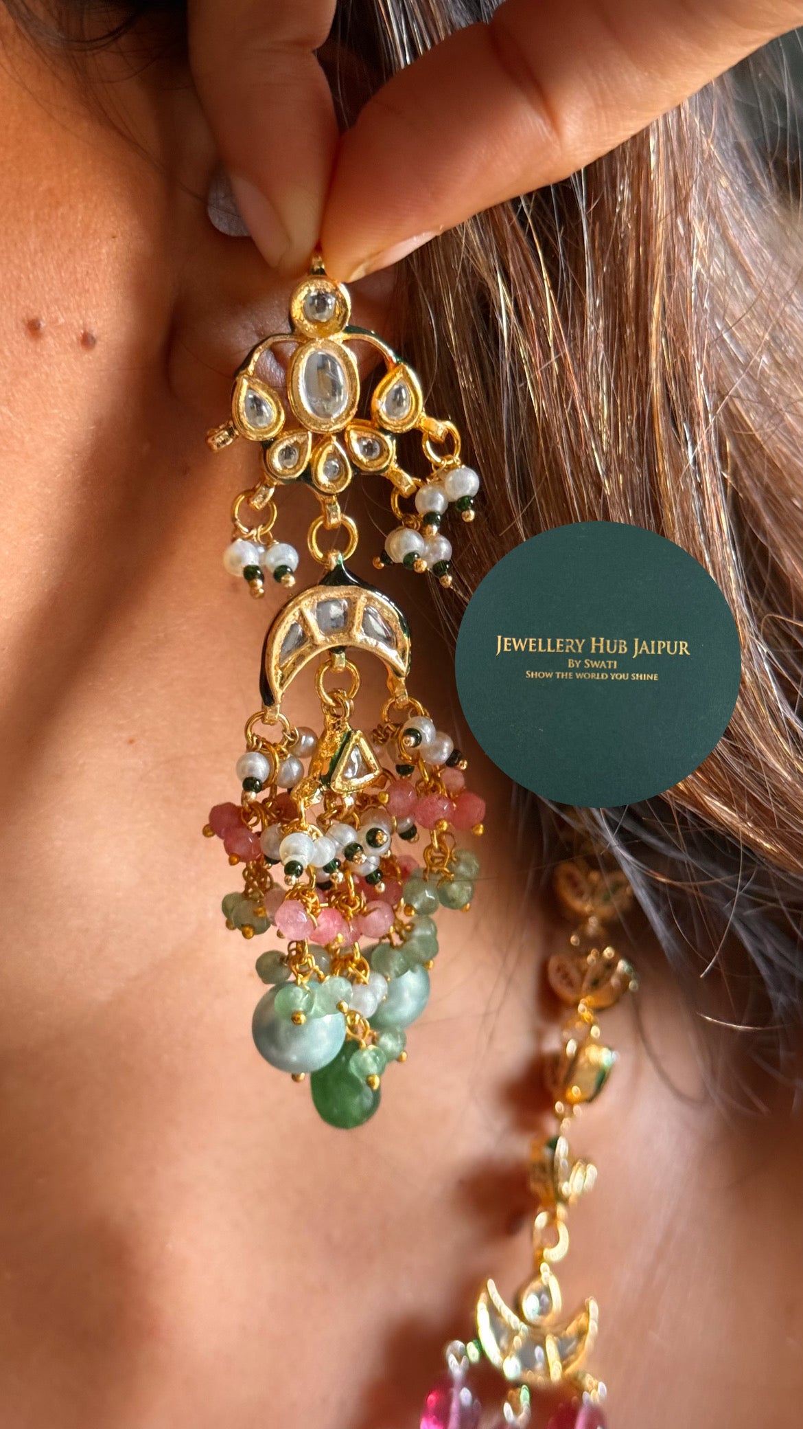 Emerald inlay work with rani pink & mint drops paachi mid length set