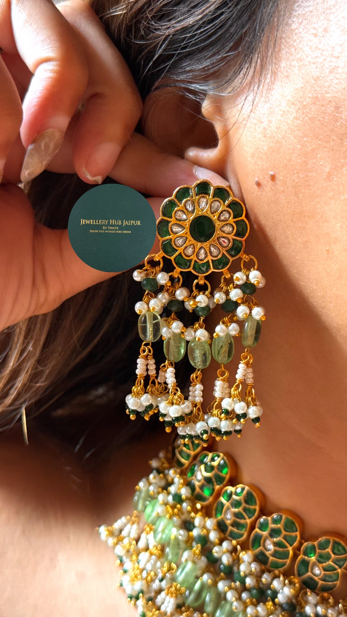 Emerald floral Kundan with mint & pearl drops heritage choker set