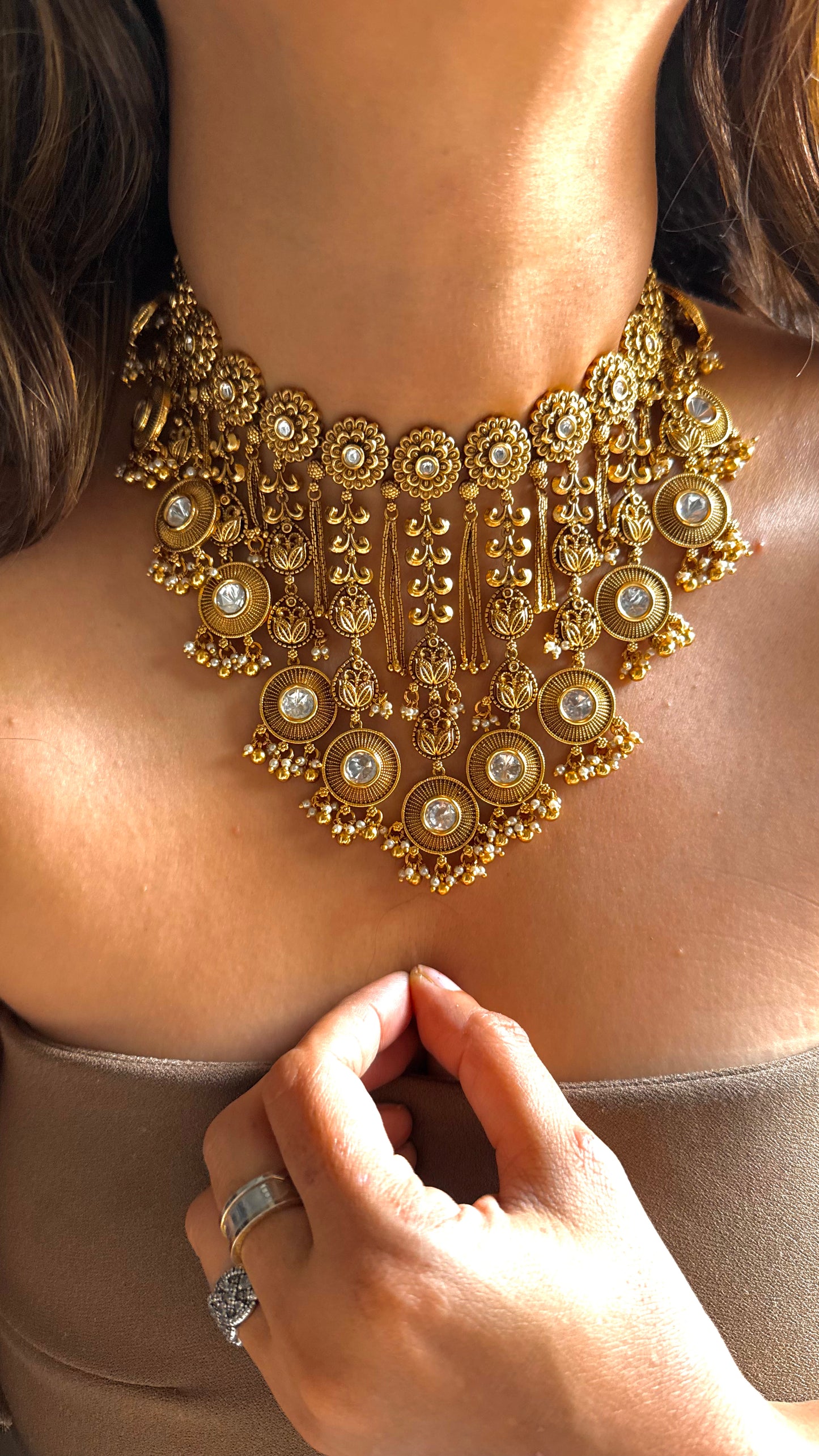 Oxidised royal heritage leaf design polki necklace