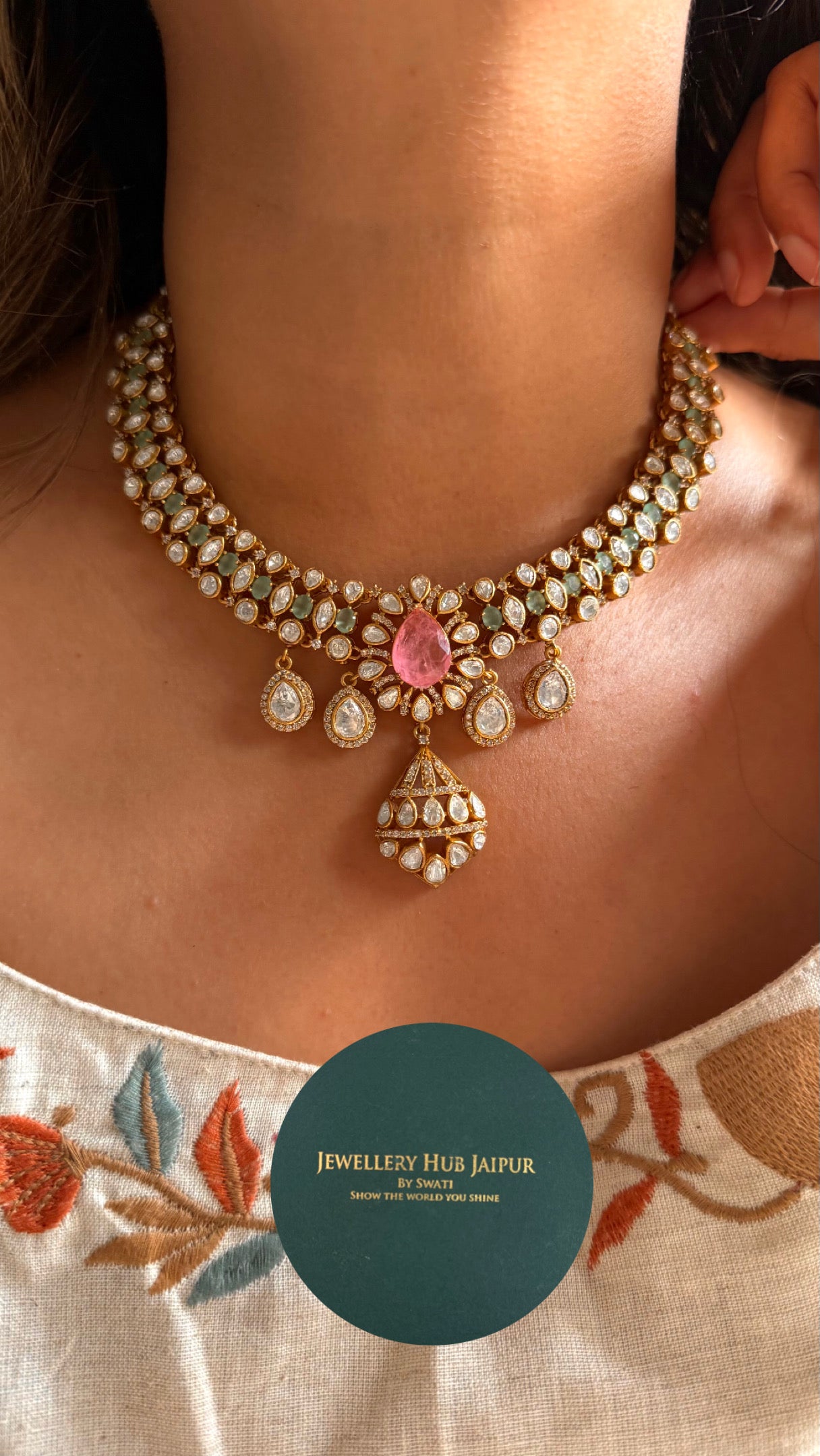 Rose quartz & mint doublets real Moissanite collar necklace