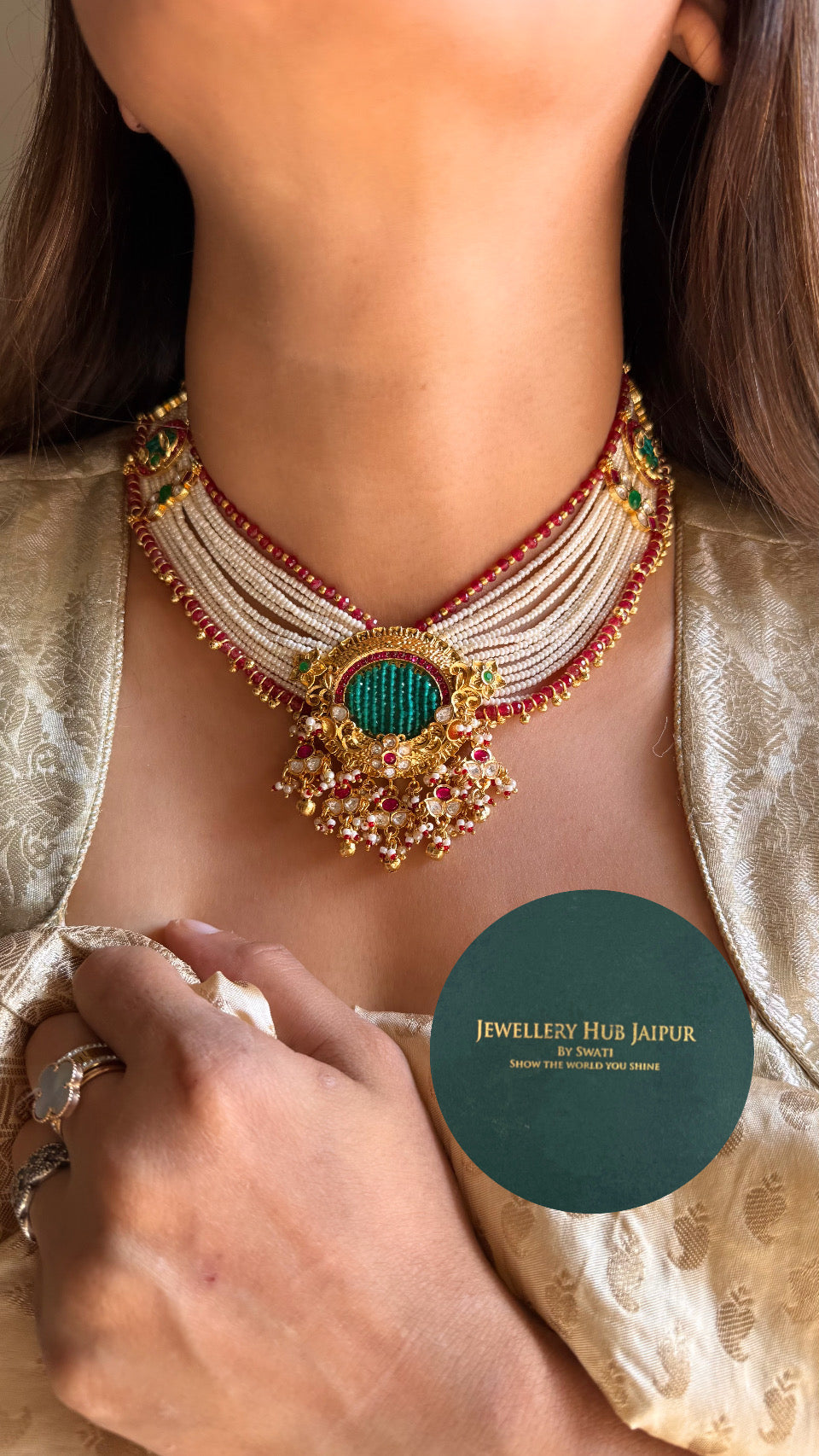 Real Moissanite Ruby & emerald pearl heritage necklace