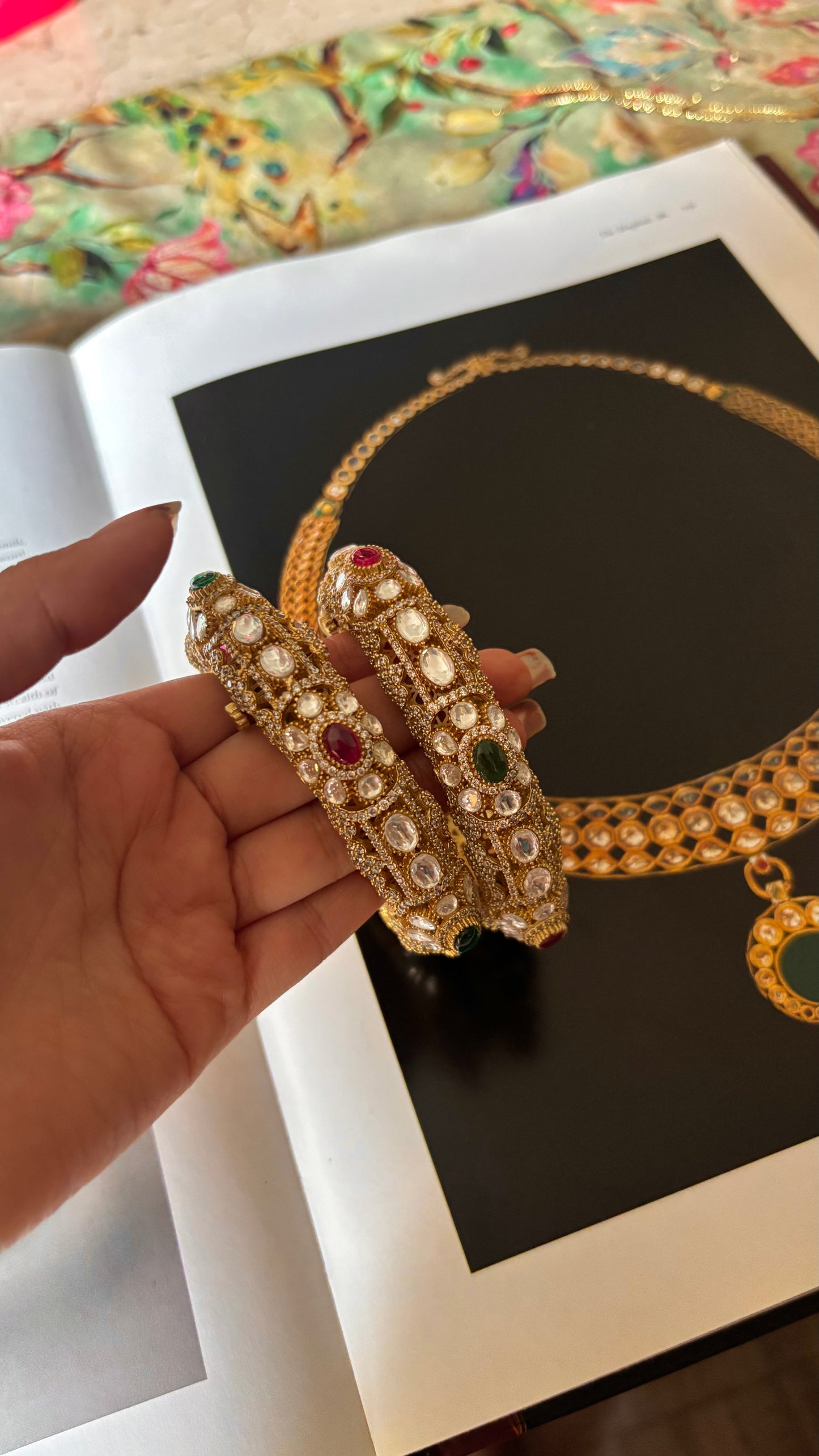 Ruby & emerald real Moissanite polki openable bangles