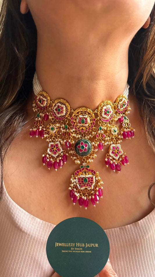 Lotus inspired designer Rani pink golden necklace