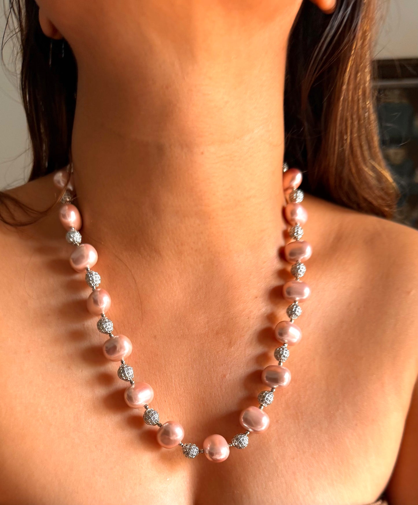 Blush pink zirconium rhodium ball string set