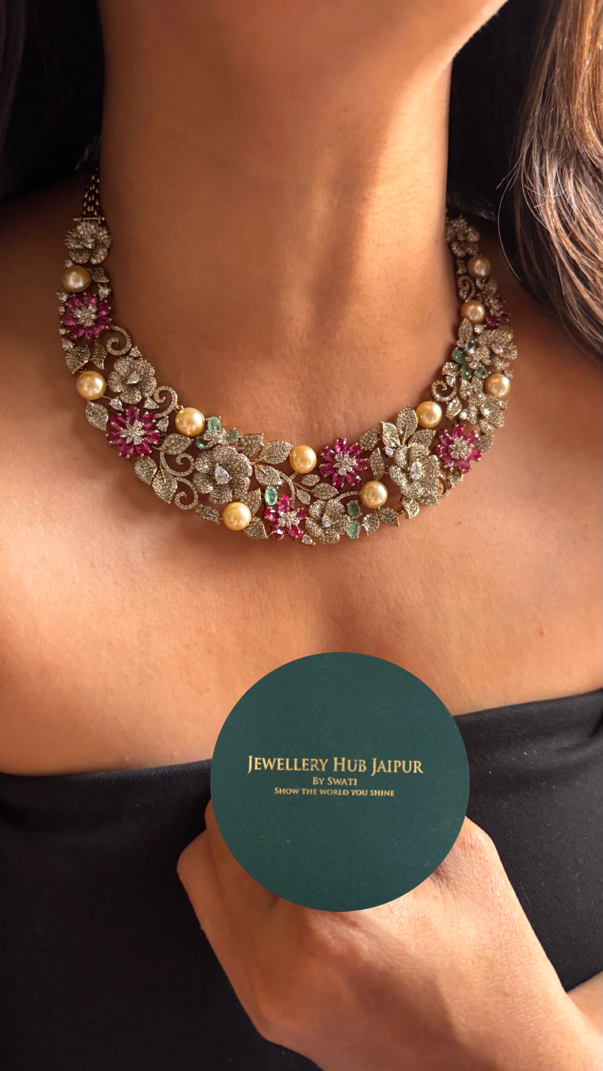 Cz floral designer Necklace with pearl detailing