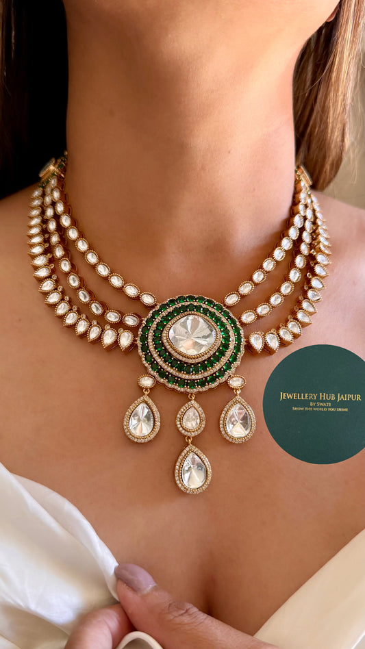 Emerald moissanite polki drop triple layered collar necklace