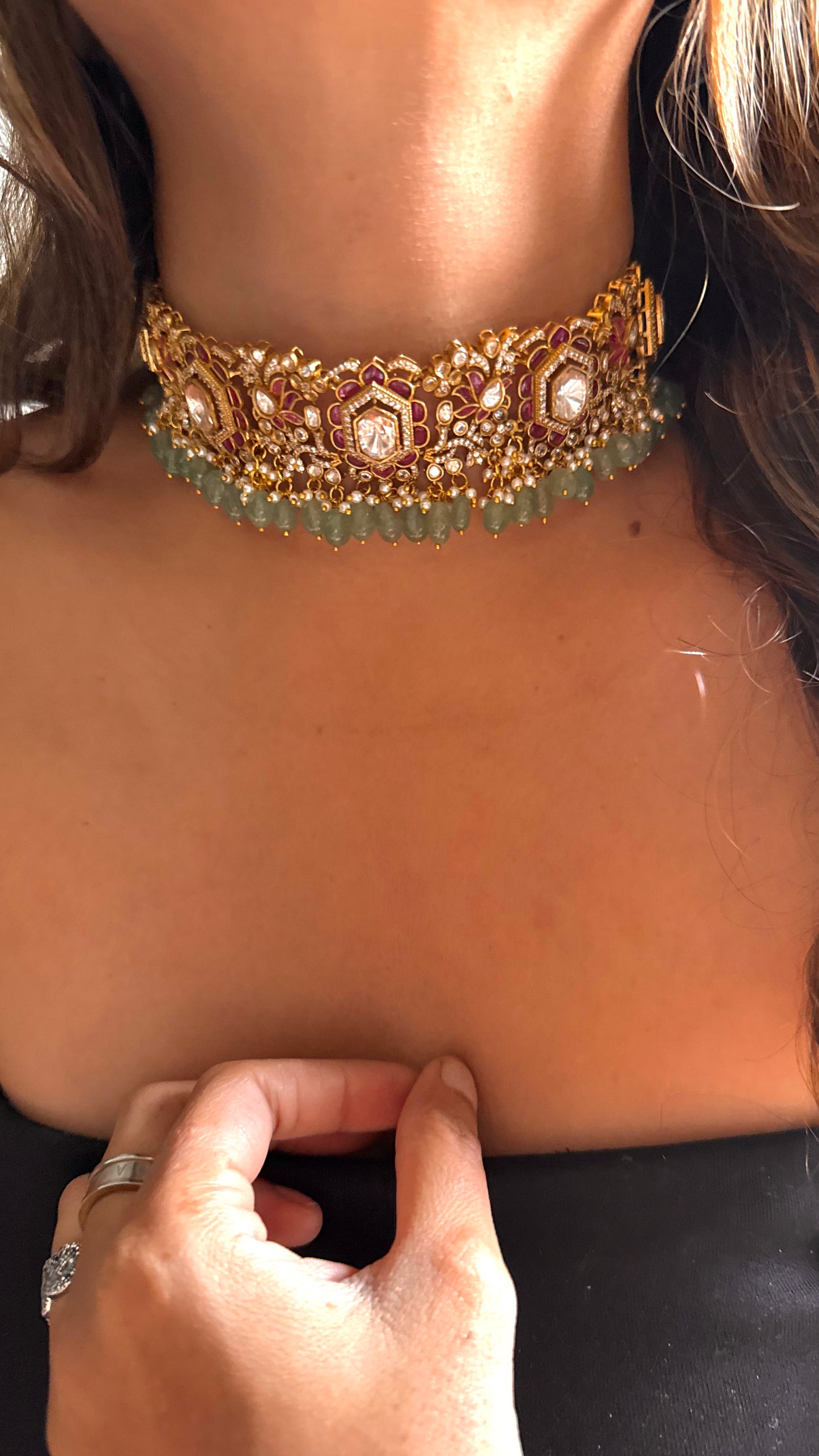 Ruby Takkar work polki necklace with mint detailing