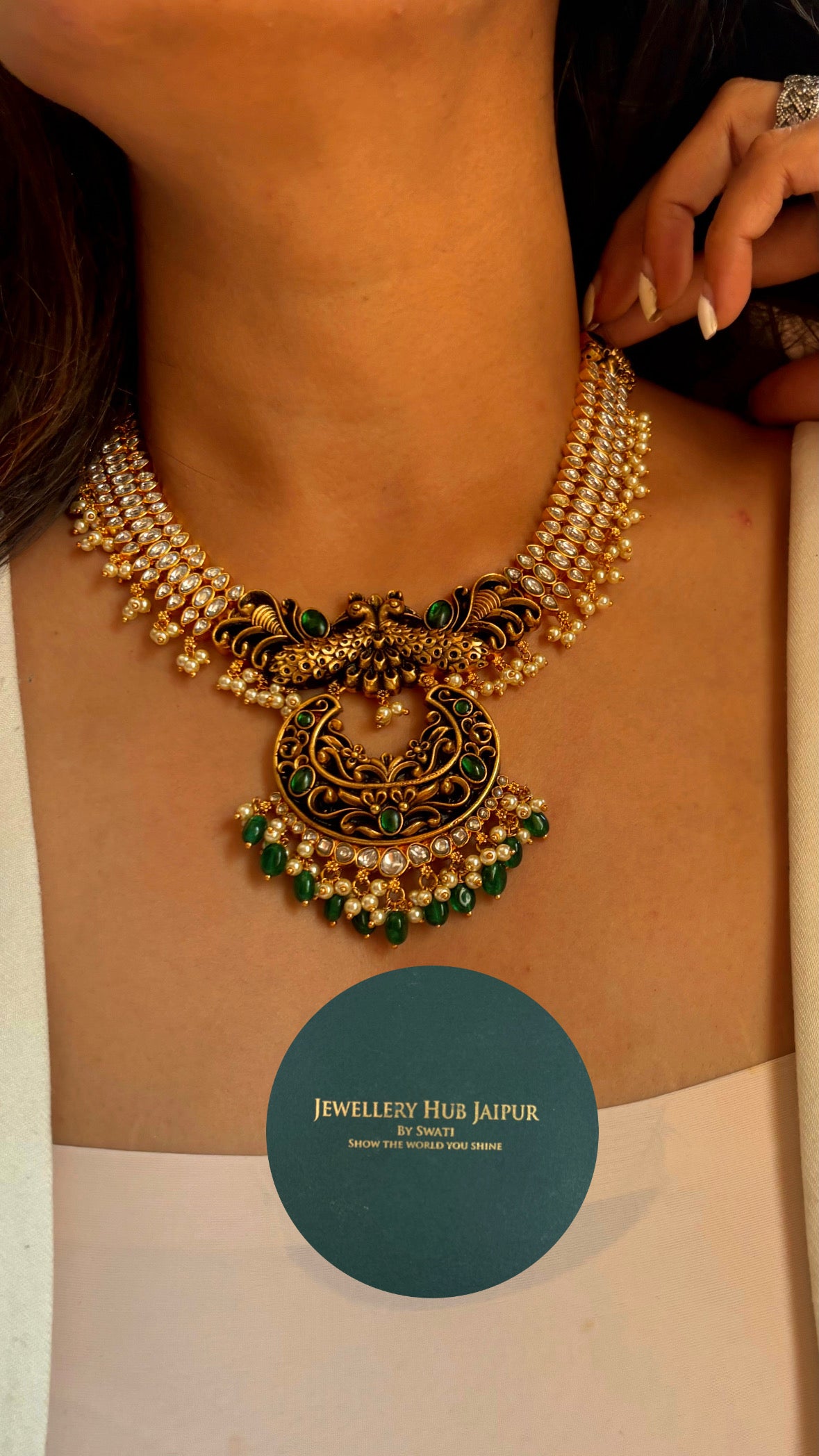 Emerald black meenakari Peacock polki collar necklace set