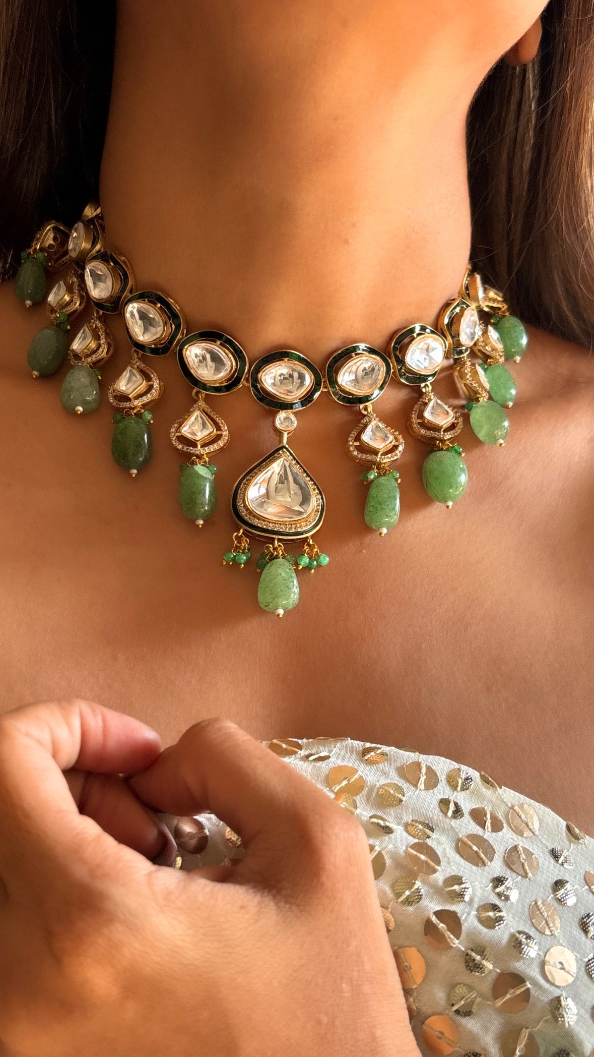 Emerald meenakari drop shape real polki choker