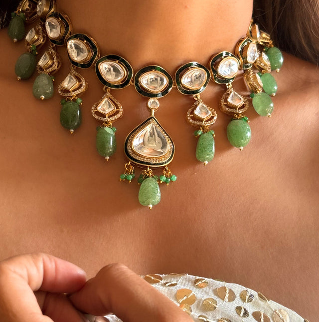 Emerald meenakari drop shape real polki choker