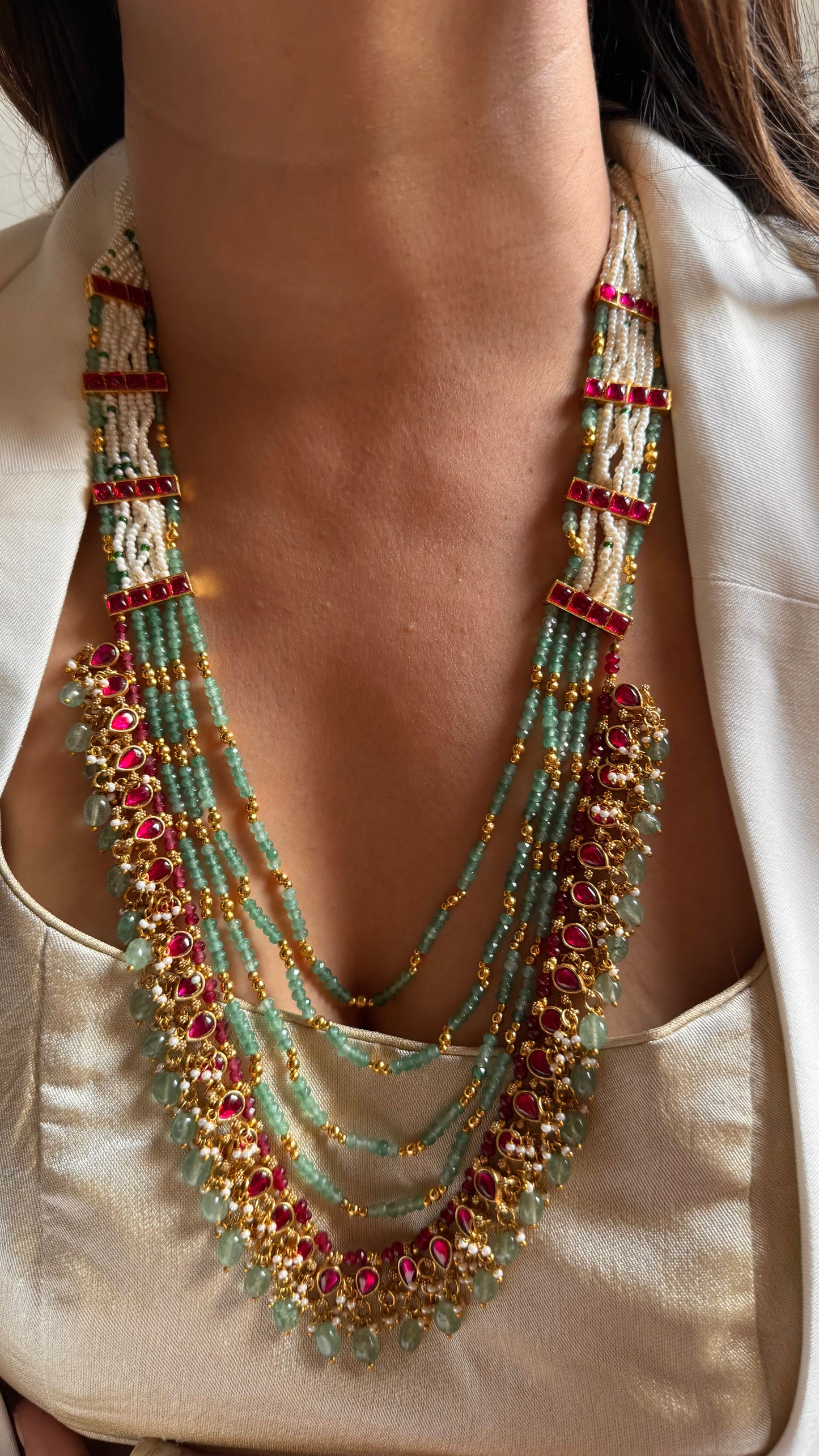Rani pink & mint layered with mint drop rajwada long set