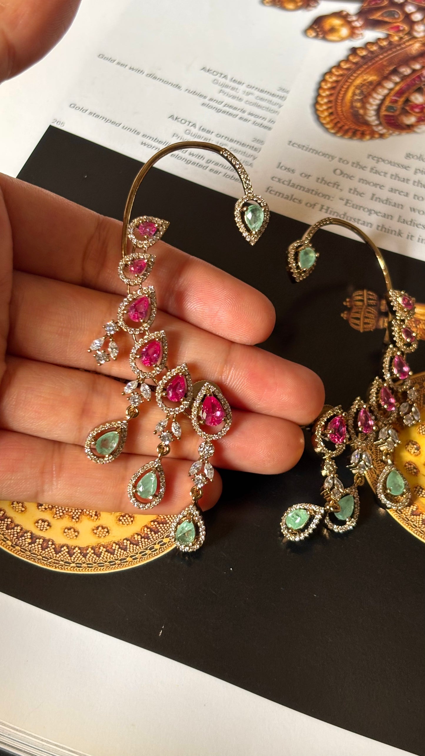 Rani pink & mint doublets with cz diamond earcuff earrings