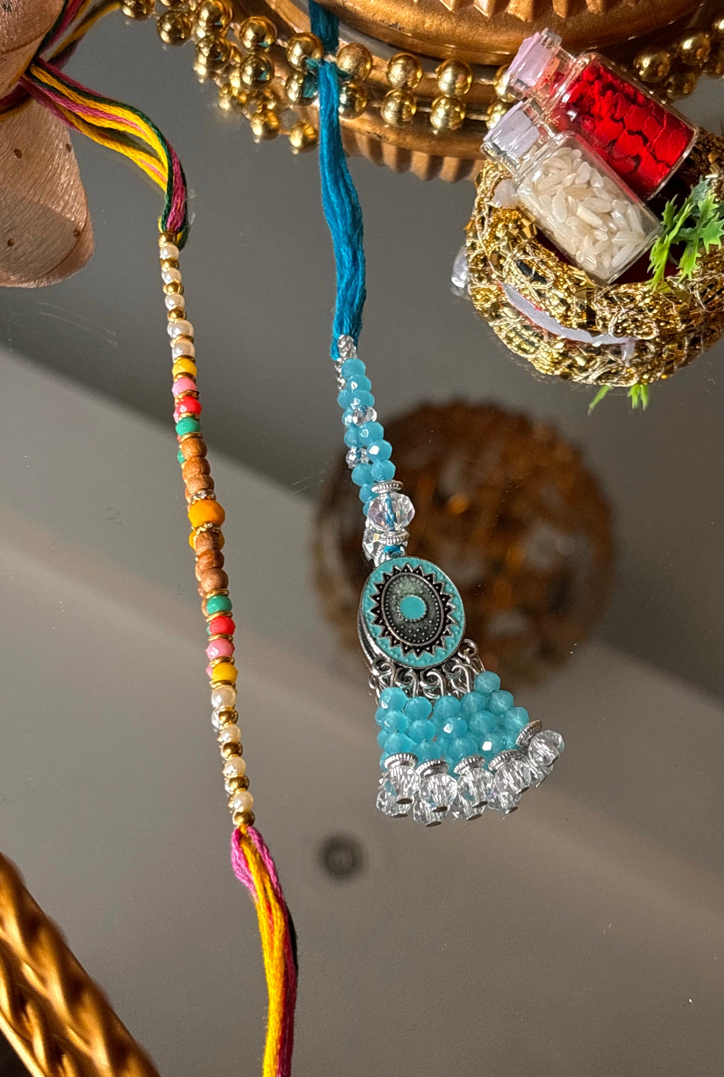 Bhaiya bhabhi lumba firoza nakashi oxidised rakhi ( shipping will be extra )