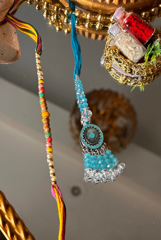Bhaiya bhabhi lumba firoza nakashi oxidised rakhi ( shipping will be extra )