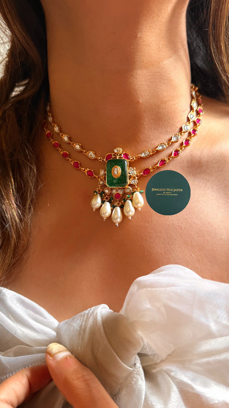 Amrapali inspired Emerald inlay carving with rani pink polki dual layer set
