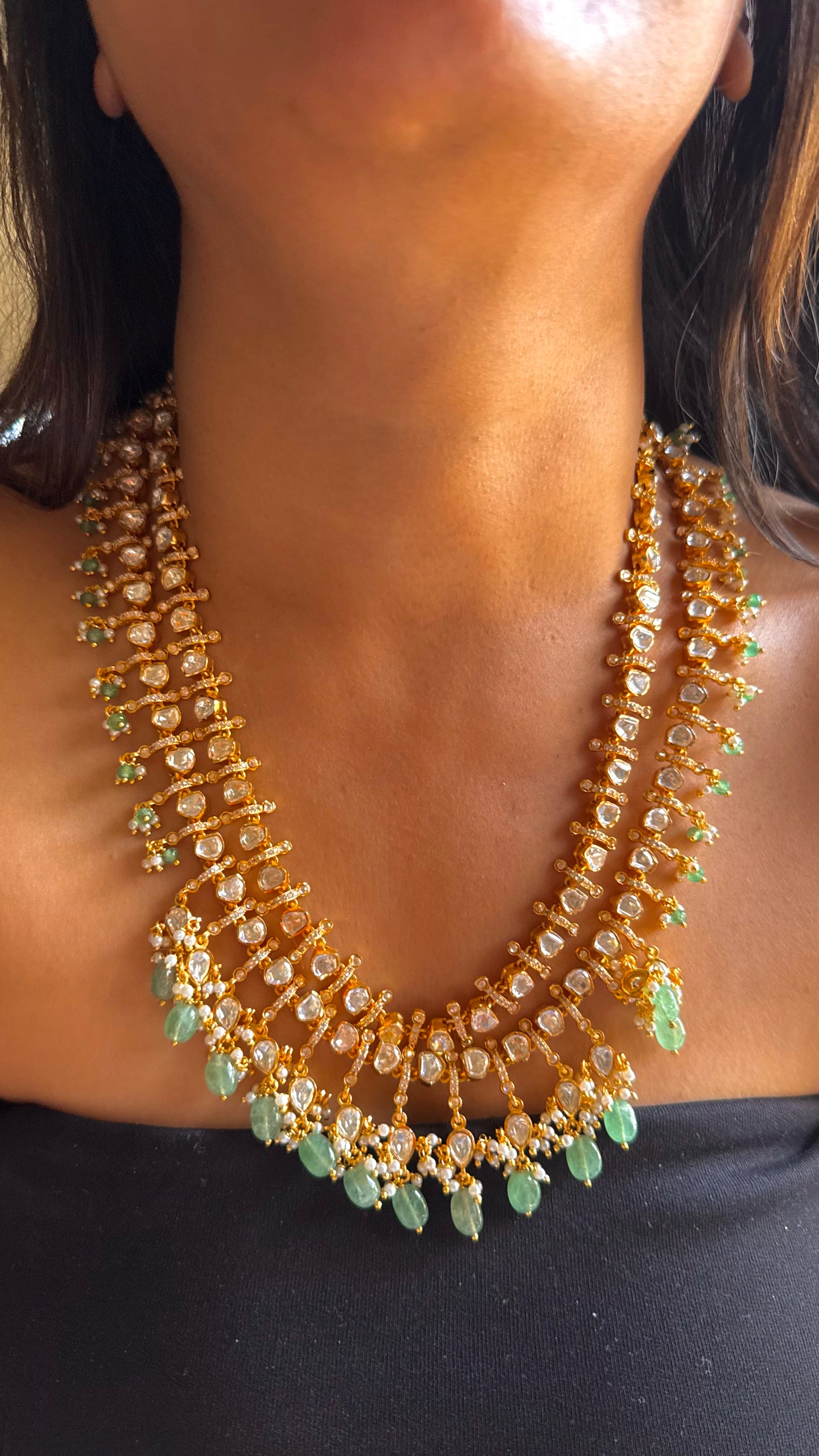 dual line Real moissanite with mint strawberry drops long necklace