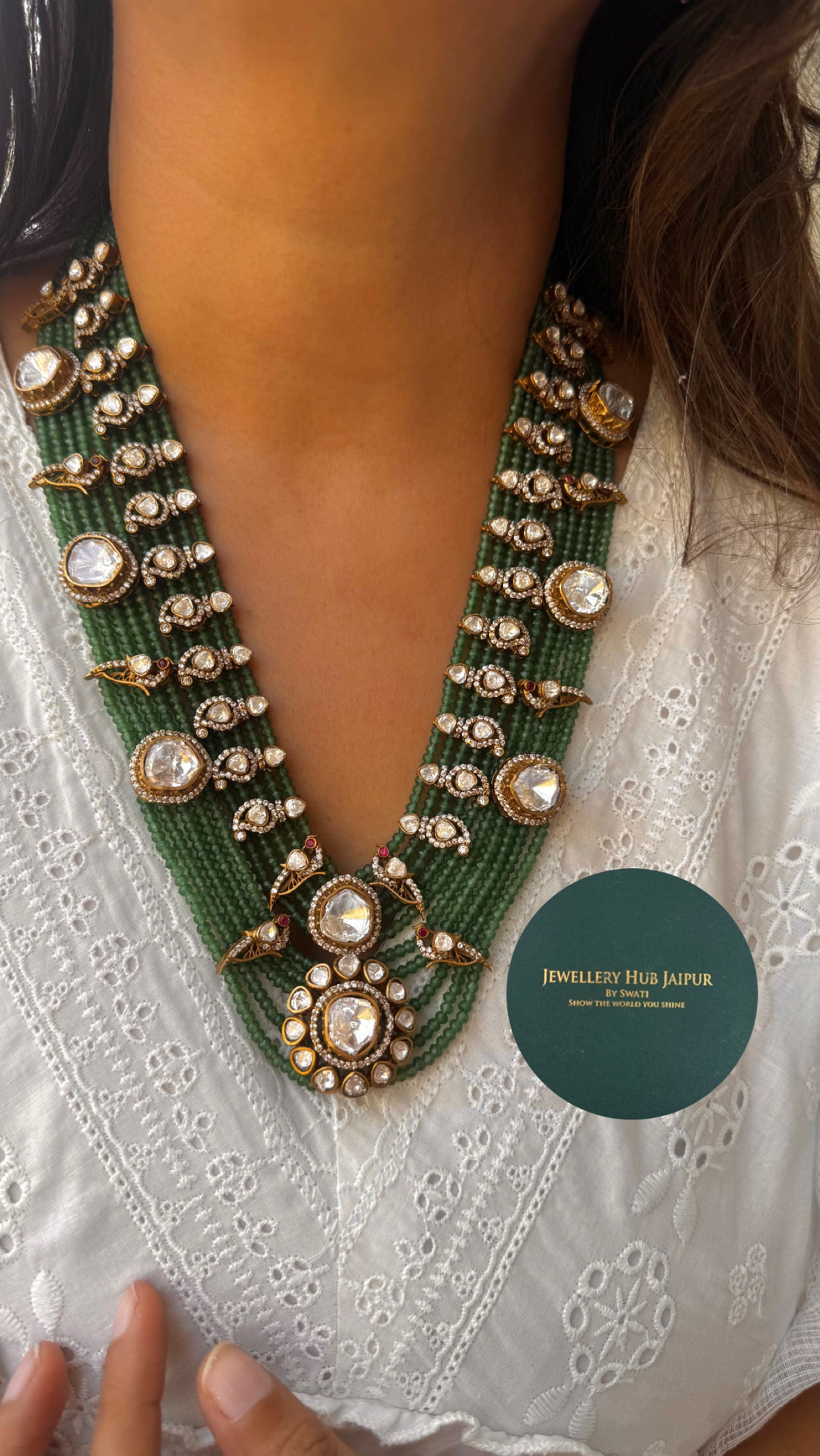 Emerald unisex uncut polki mala with earrings