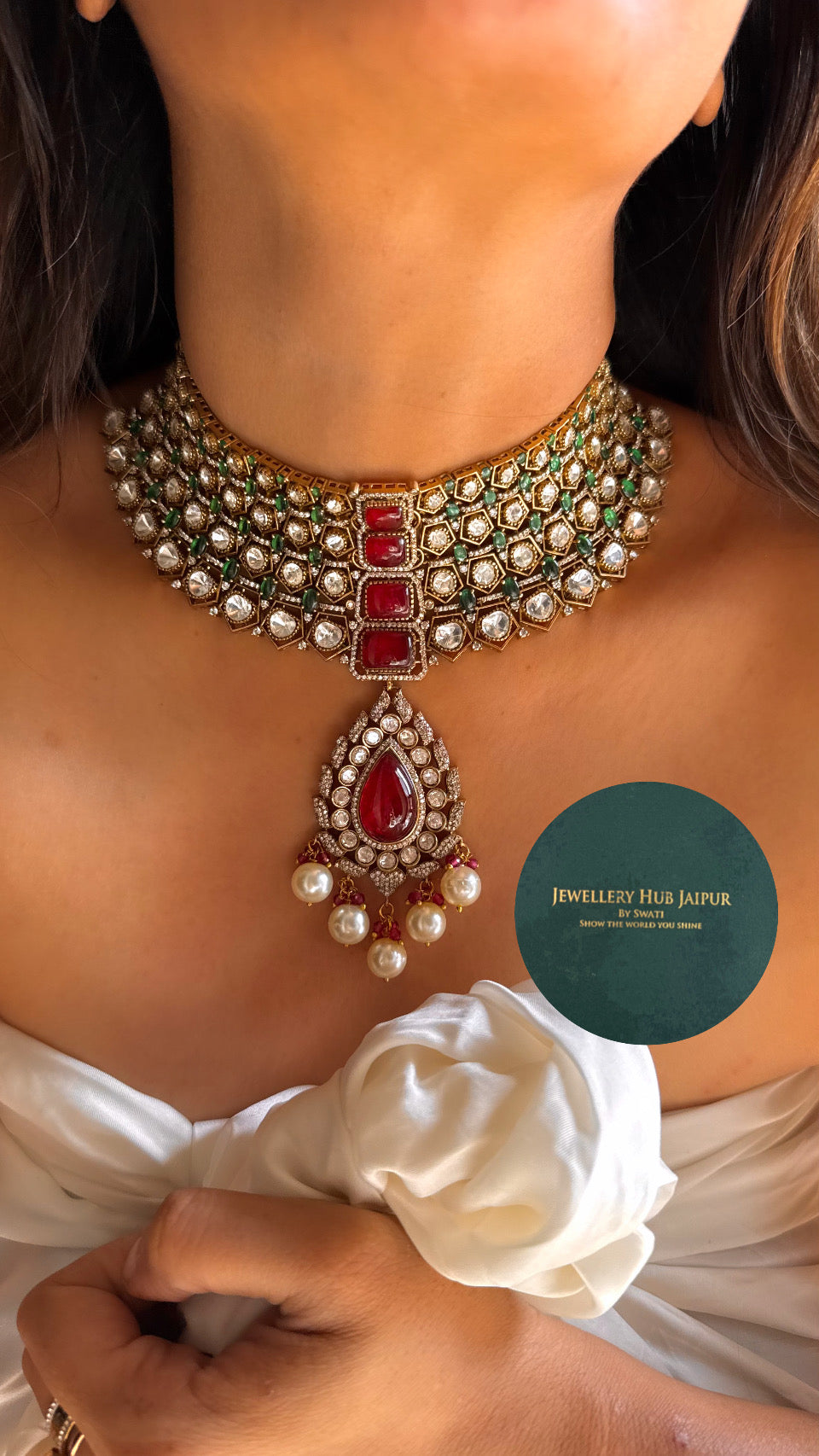 Emerald & Ruby doublet Moissanite choker with pearl detailing