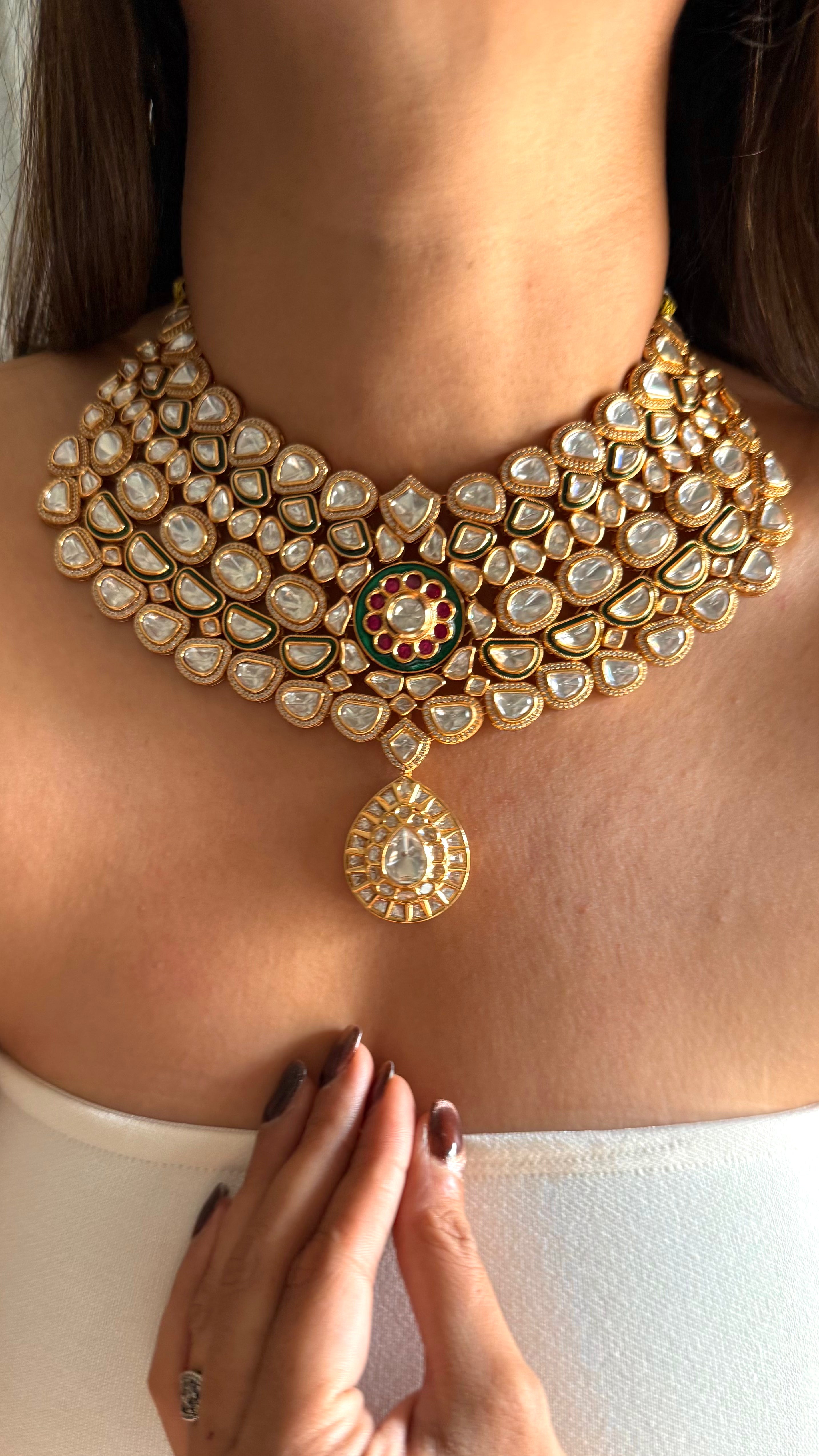 Emerald meenakari & ruby Moissanite uncut polki collar set