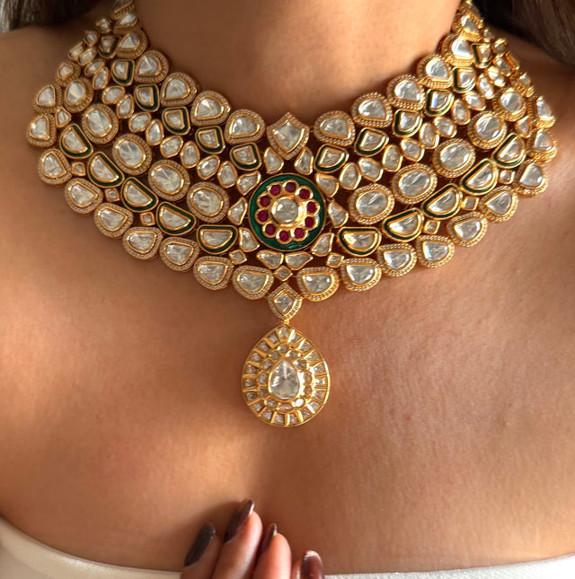 Emerald meenakari & ruby Moissanite uncut polki collar set