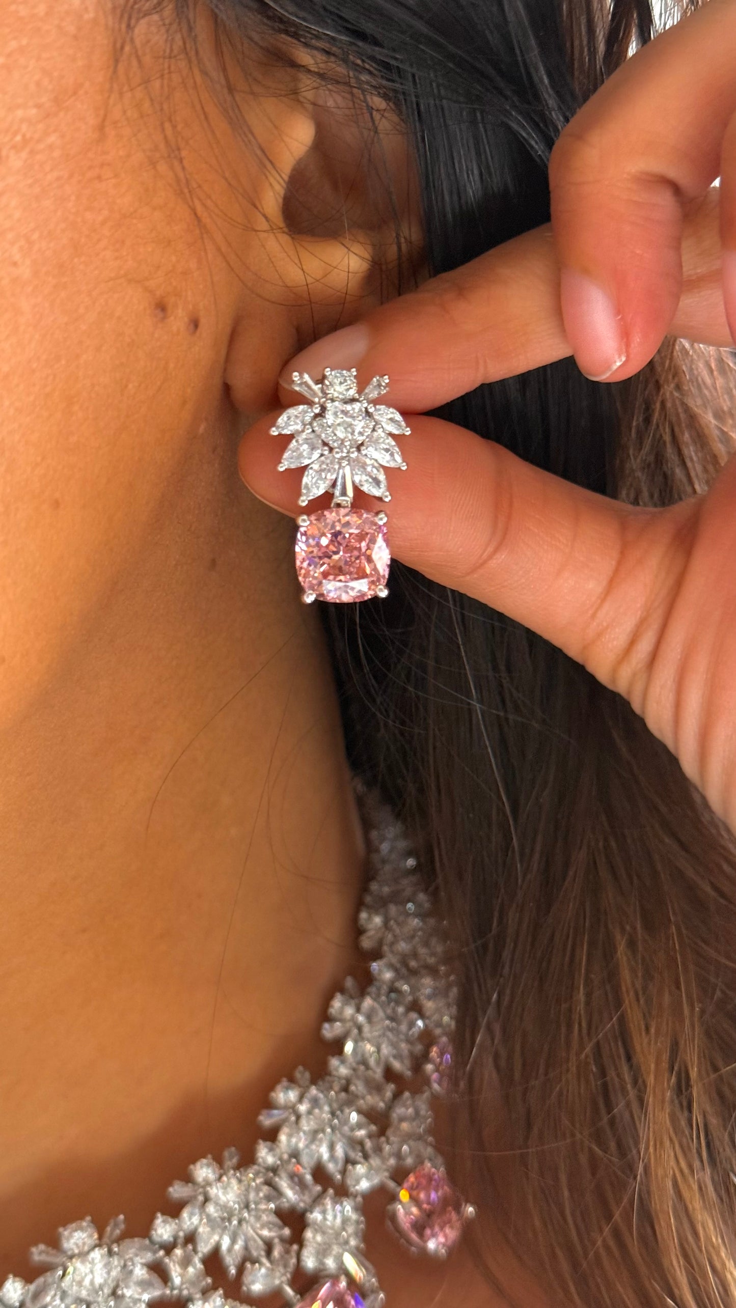 Rose Quartz cz diamond statement necklace